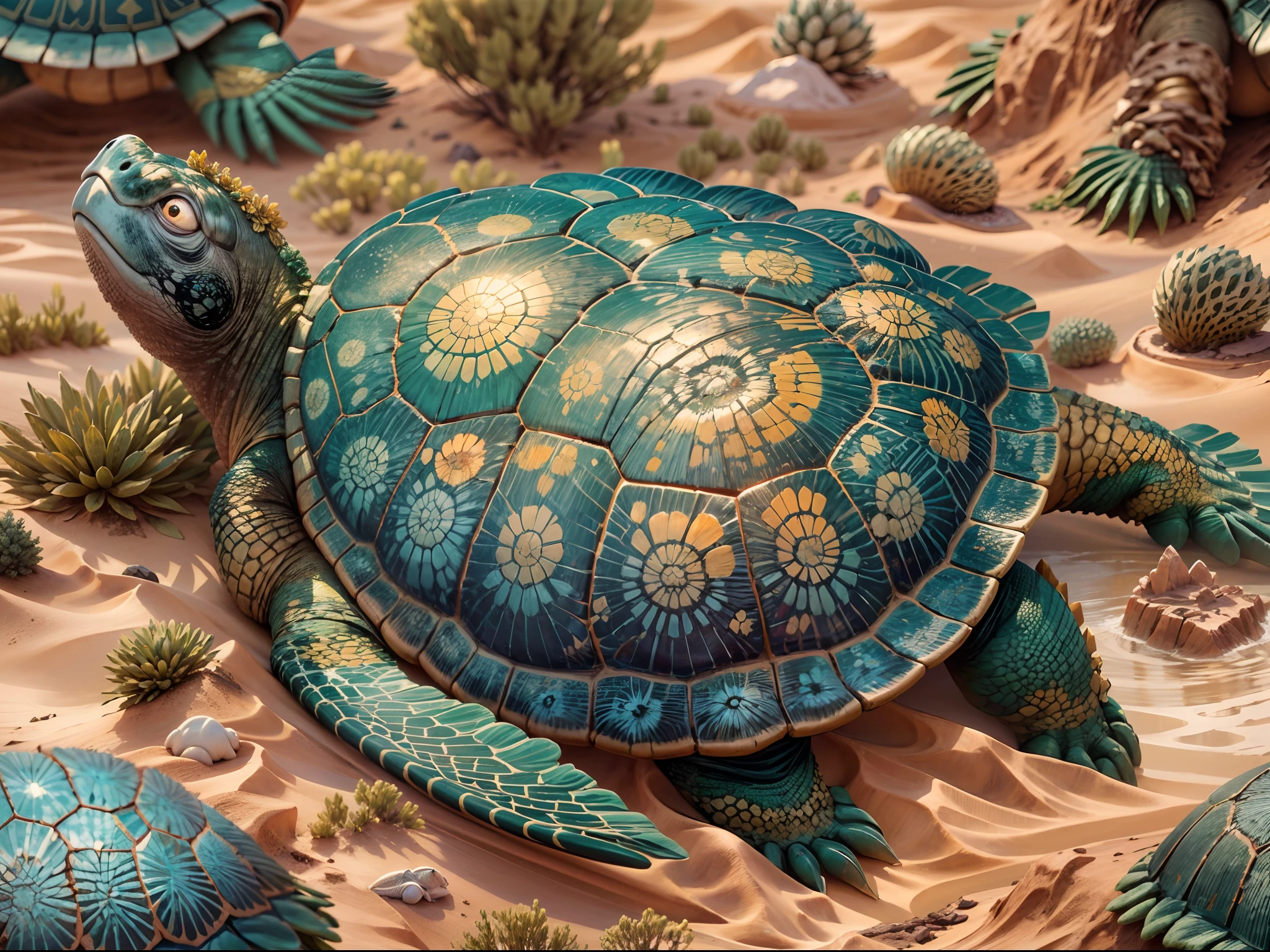 (best quality,4k,8k,highres,masterpiece:1.2),ultra-detailed,(realistic,photorealistic,photo-realistic:1.37),HDR,UHD,studio lighting,ultra-fine painting,sharp focus,physically-based rendering,extreme detail description,professional,vivid colors,bokeh

In this breathtaking aerial view, a colossal kaiju turtle gracefully swims through the vast expanse of the sea. This majestic creature carries upon its shell a magnificent pyramid, a testament to its incredible strength and power. As the turtle glides effortlessly through the water, a panoramic desert landscape adorns its immense back, blending seamlessly with the golden sand dunes that cover its sturdy carapace.
BREAK 
The intricate details of the desert on the turtle's shell are artistically rendered, capturing the mesmerizing beauty of the undulating dunes and the subtle ripples formed by the wind

with a resolution of 4k, 8k, or even higher, ensuring every minute detail is meticulously portrayed. The use of advanced HDR technology imbues the artwork with a wide range of colors and tonal depth, enhancing the realism and immersiveness of the composition. The studio lighting illuminates the scene with precision, highlighting the turtle's powerful silhouette against the shimmering sea and casting a soft glow on the pyramid's ancient engravings.
BREAK 
Through the skilled technique of ultra-fine painting, this masterpiece captures the viewer's attention with its sharp focus and incredible level of detail. Each grain of sand, every pore on the turtle's scaled skin, and the intricacies of the pyramid's architecture are brought to life,
The color palette used in this artwork is carefully selected to enhance the overall visual impact. Vibrant hues of blues and greens dominate the seas and skies, accentuating the tranquility and vastness of the ocean. Warm tones of oranges and yellows highlight the desert landscape, evoking the scorching sun and the timeless beauty of the dunes. This color harmony creates a visually striking
