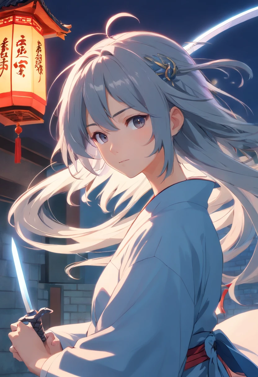 china style,sword holding,Young gray hair,long, flowing hair,white colors