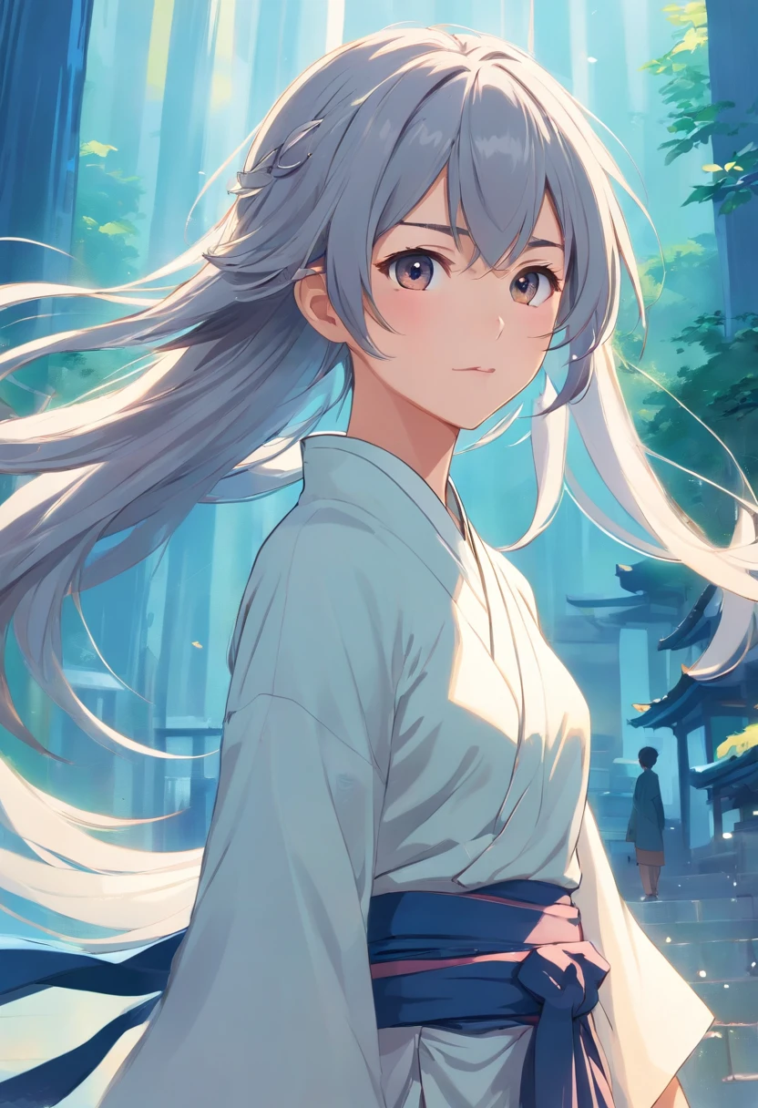 china style,sword holding,Young gray hair,long, flowing hair,white colors