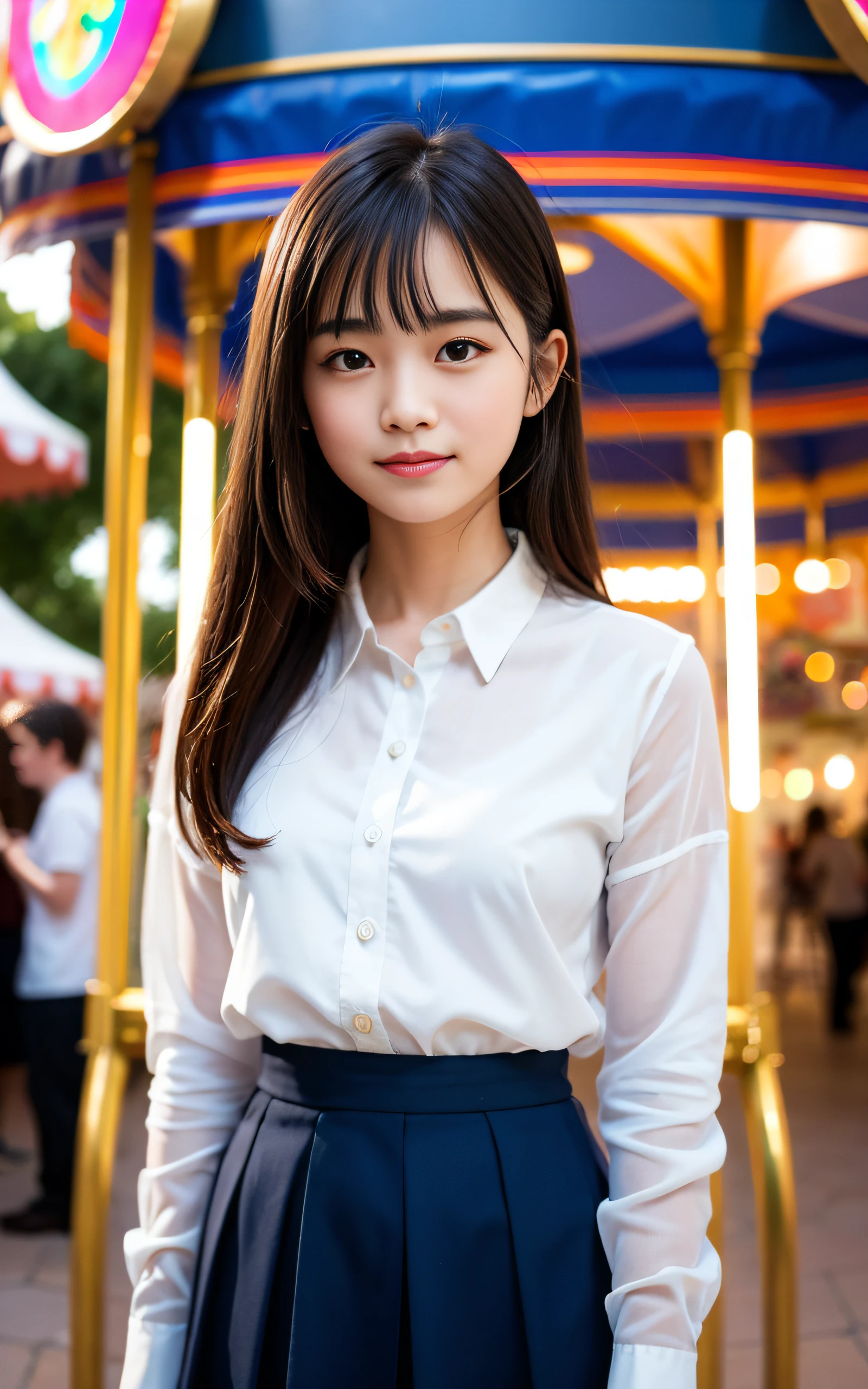masterpiece, Best Quality, 8K, 1girl, good hand, 14 yo, lively, active, life force, luminescence, Looking away, Raw photo, F/1.8, 135 mm, NIKON, Anatomically correct, bokeh，Textured skin, Professional Photography, Portrait, Soft light, Professional Lighting, Solo, (Smile), Cute, Girly, Film grain, (Eyes and faces with detailed:1.0), 8k wallpaper, bangs, Silk Blouse, skirt, merry-go-round, amusement park