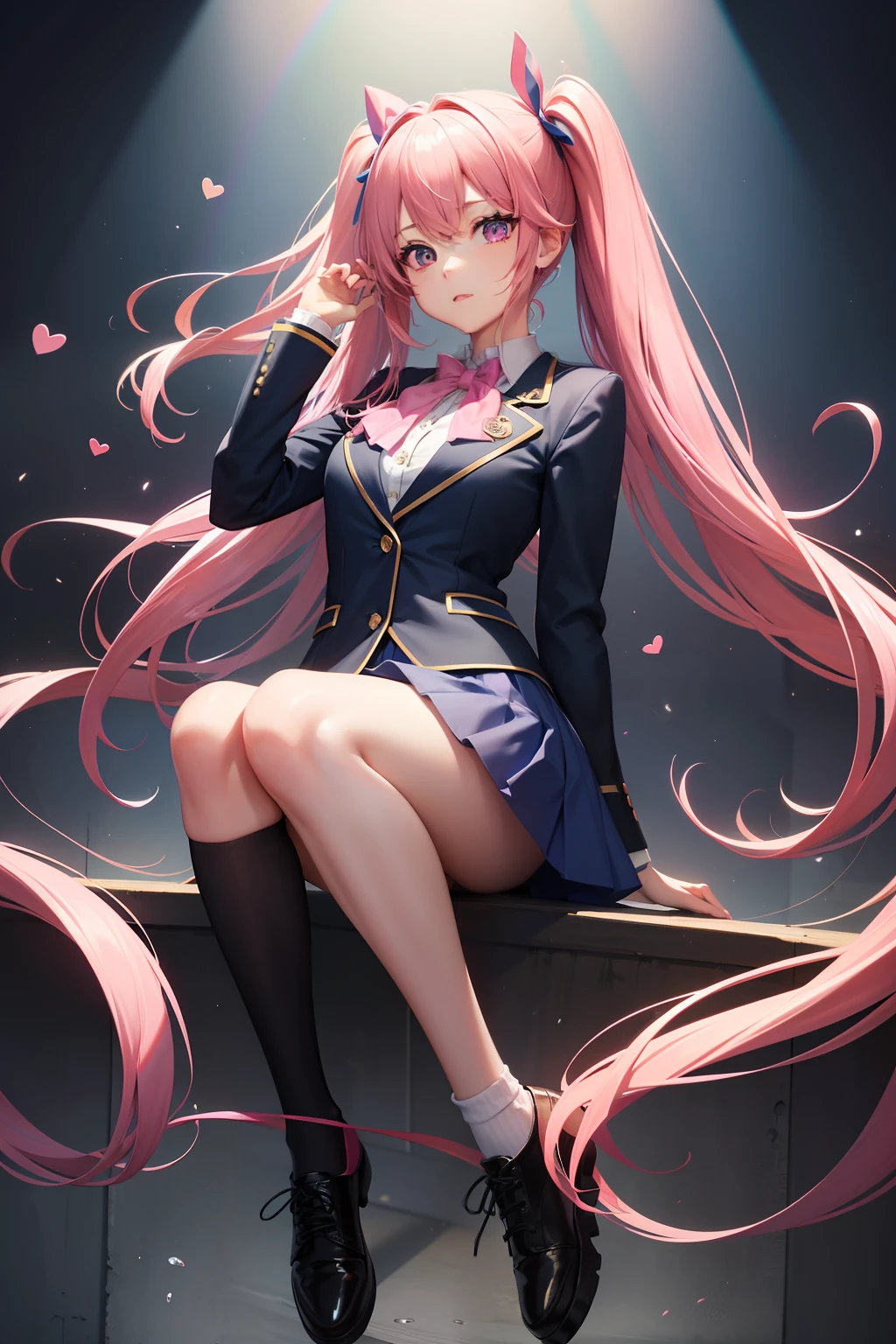 High school girl with beautiful eyes、High School Uniform、Dark blue blazer、Pink skirt、Pink ribbon、Heart-shaped choker、long hair with pink twin tails,,、Schools、独奏、gazing at viewer、rainbows、optic、。.。.。.3D、hight resolution、top-quality、full body Esbian、8K Character Concept、32K、pixiv、illustratio、 ultra-detailliert、hyperdetailed face、Megapixel、 Ultra High Definition HDR、Clair、Overdecoration、● S180 - Rainbow 5