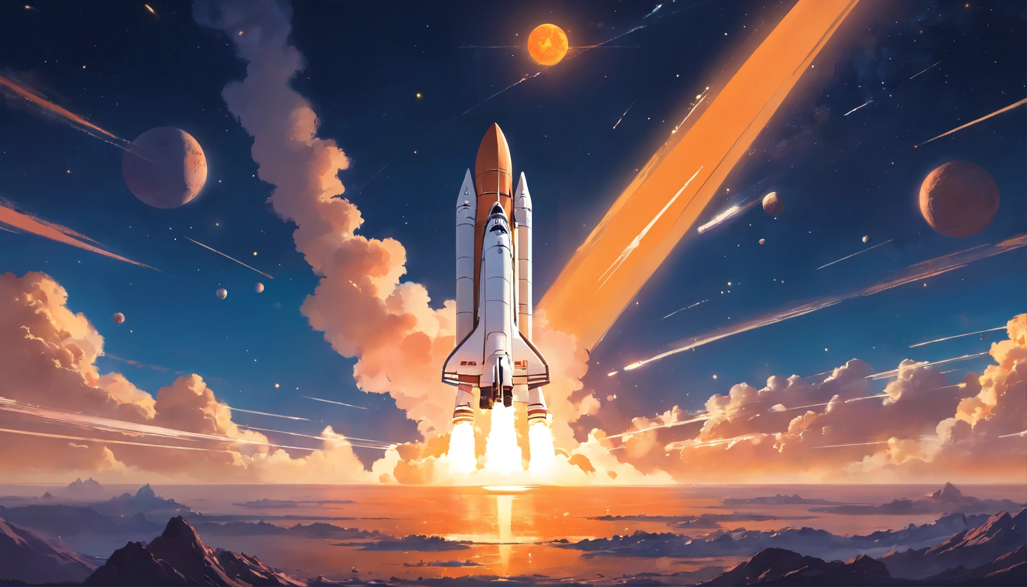a smoking orange, white space shuttle flying in the deep dark space on an alien planet at sunset, golden hour, mul;tiple moons, shooting stars
