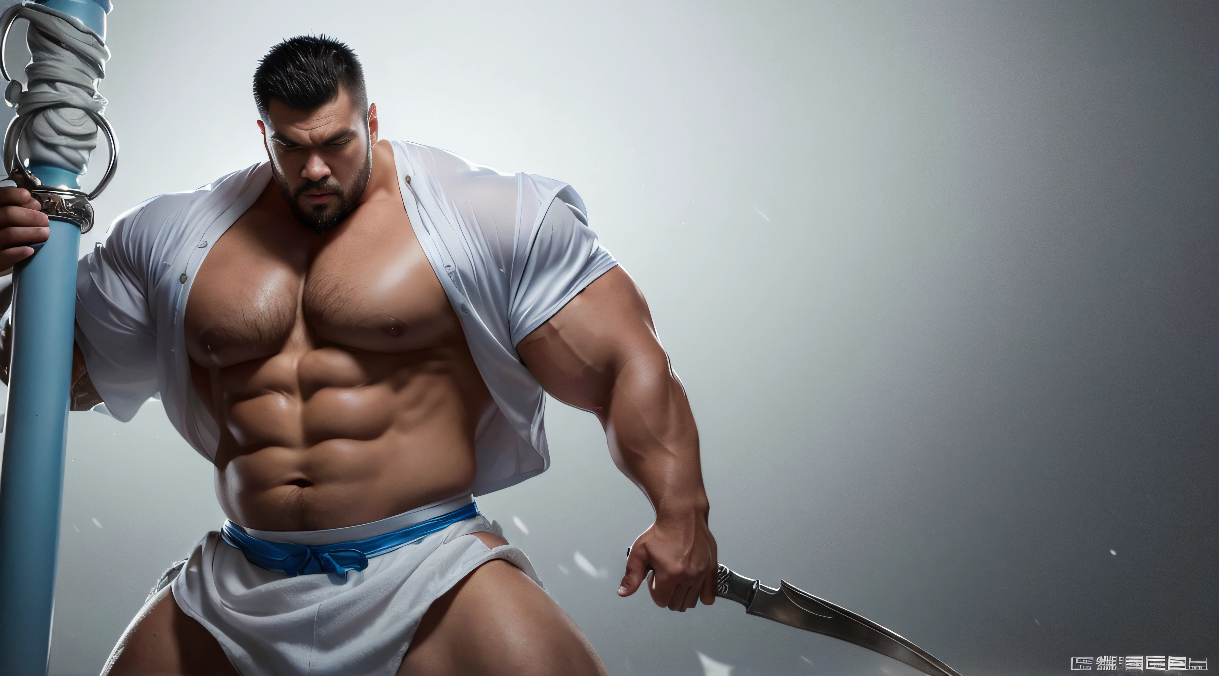 Elegant Chinese strong man, Strong physique, White robe, White Arabic pants, Light blue noble shirt, White boots, Messy light blue hair, A satisfied expression, Short hair, dark strong blue eye, Noble appearance, Armed with a silver spear, Ancient castle, medieval environment.short detailed hair,Short beard perfect figure with tattoos, Very huge and strong body, Bulging muscles, musculous, Very large pectoral muscles,Very sexy abs,The legs are muscular,Tall and mighty,Exposed Body,Tall and burly,toned figure,Huge genital bulging area,Brightens oily skin,Muscular。