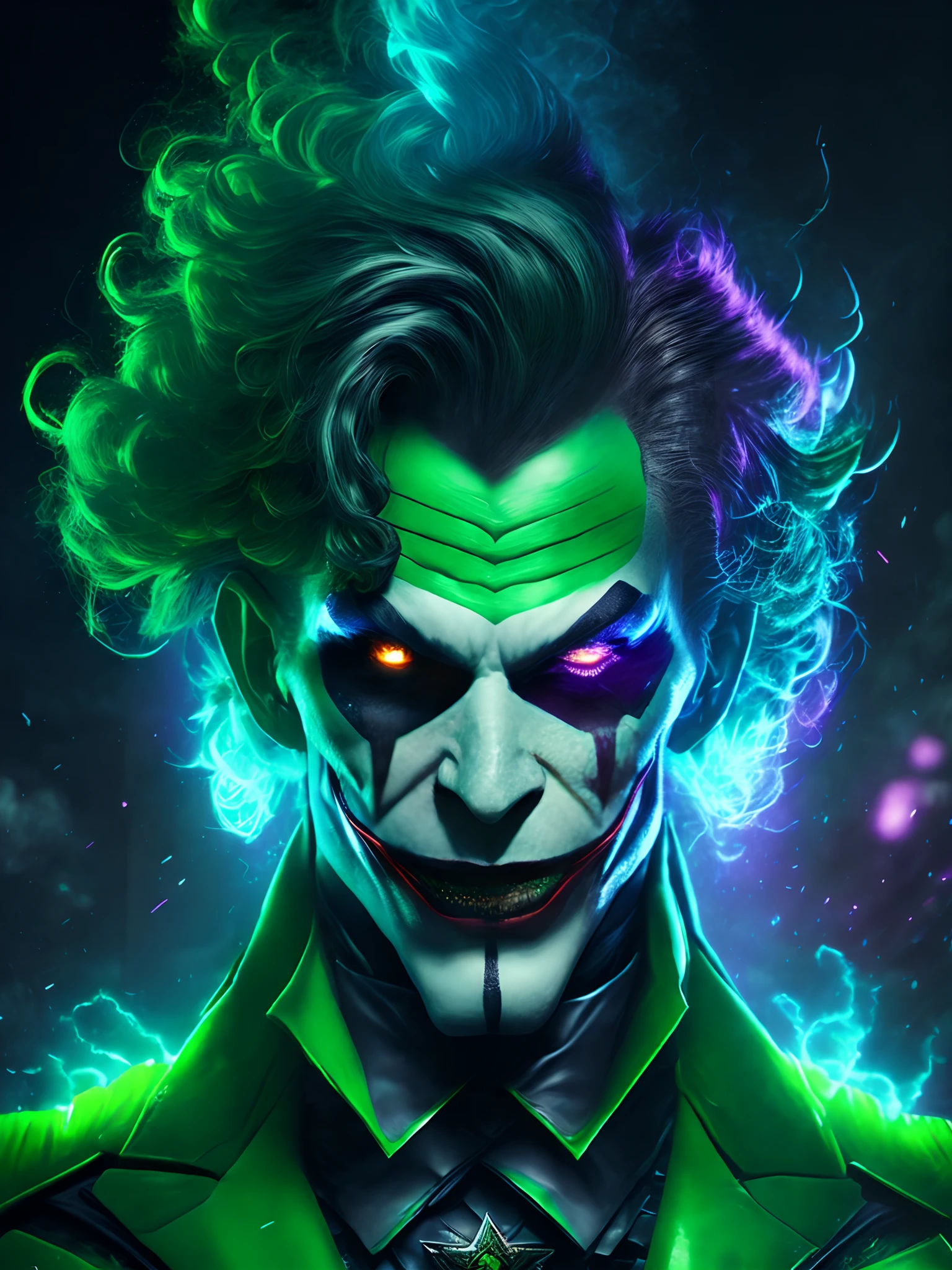 Retrato sombrio do Coringa Lanterna Verde da DC, extremamente detalhado, futuristic cityscape, noite, glowing neon lights, smoke billowing, Sparks, Metal shavings, detritos voadores, efeitos da energia azul, volumetric light