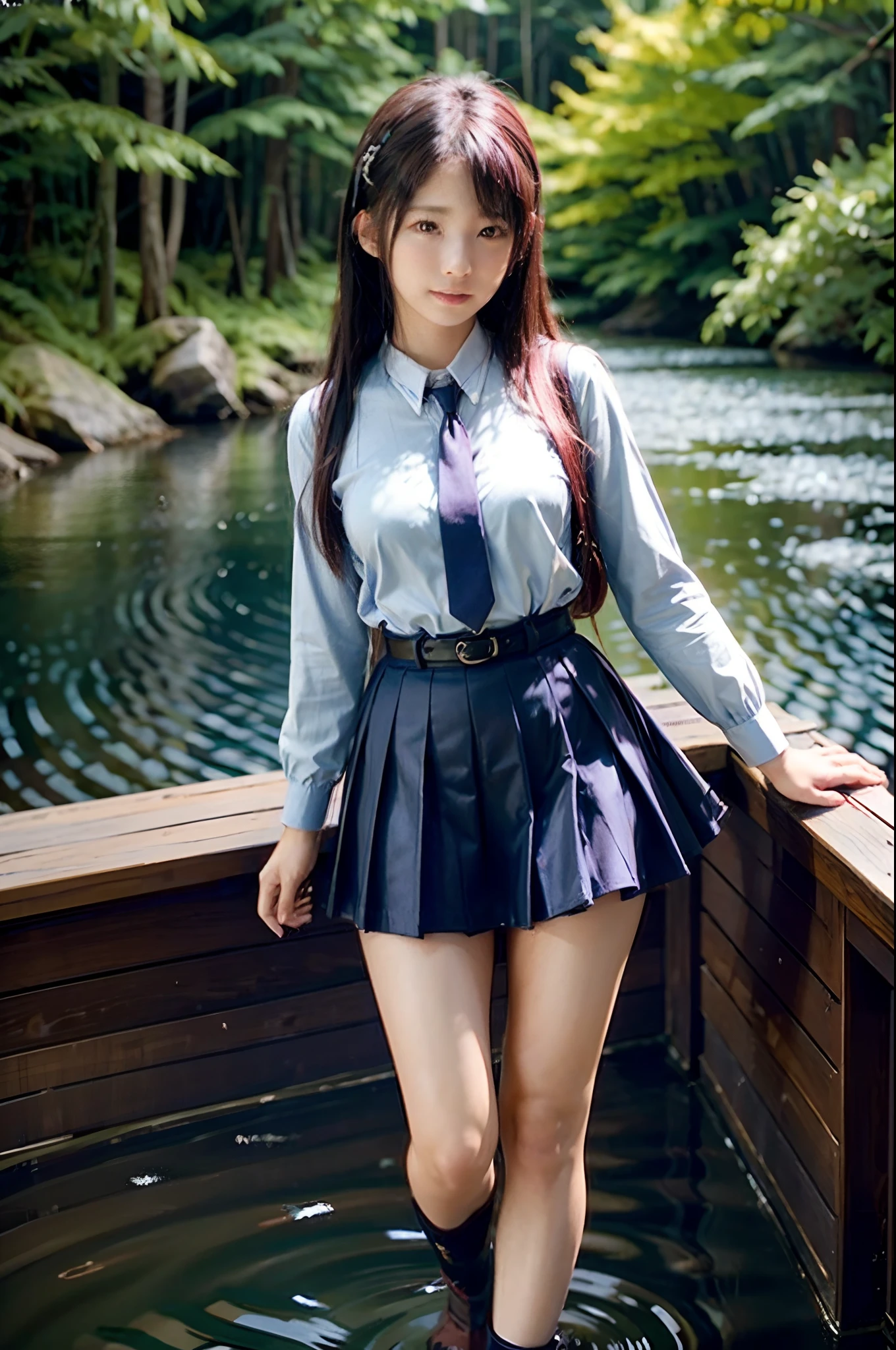 ​masterpiece、high-level image quality、high-detail、full body Esbian、校服、blue tie、a blue skirt、One Beautiful Girl, hi-school girl、15yo student、Hairstyle with bangs、great outdoors、Blue swamp in the coniferous forest belt、Beautiful girl walking in the water and coming here、Embarrassment、confusion、Ephemeral、dark sky、side lights、Pale and soft light、diffuse glow、