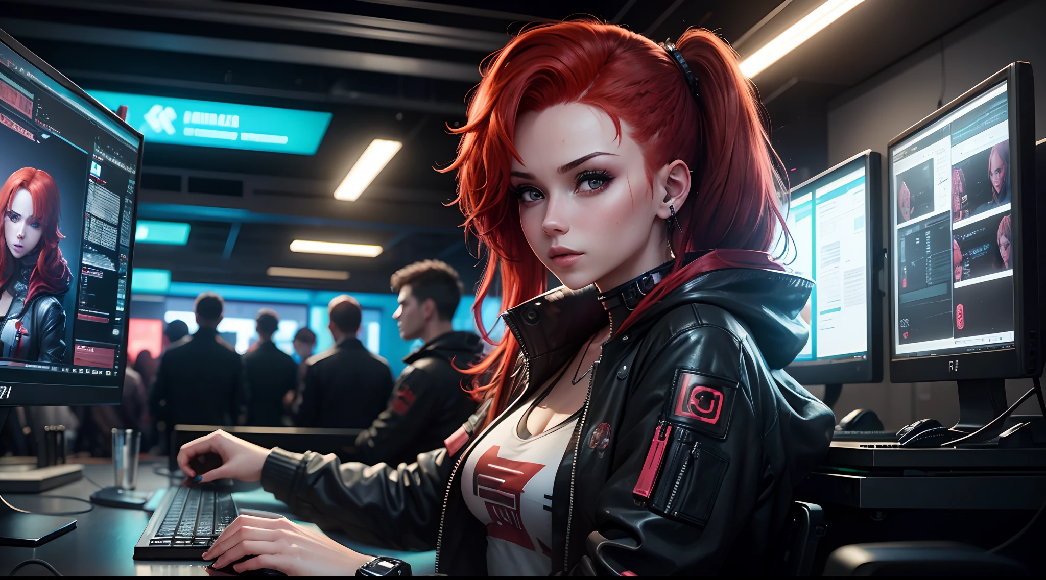 Girl with red hair in a cyberpunk computer club