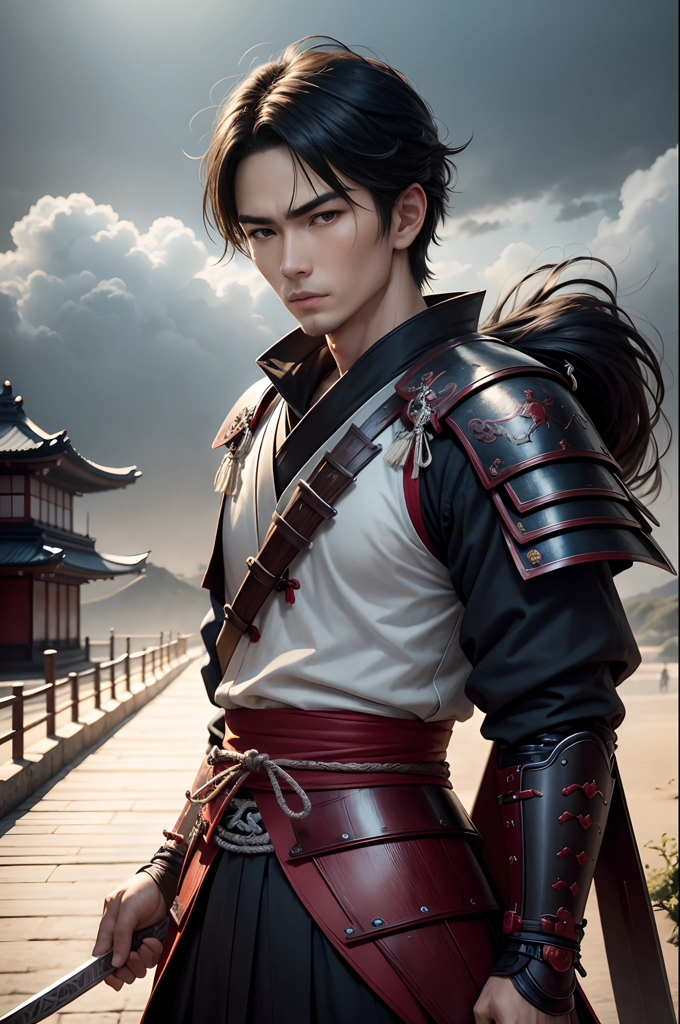 8K,Photorealsitic　Raw photography　top-quality;1.4) 　(One Boy)　Super handsome　(Lifelike face)　Historical samurai duels, Features highly detailed characters and landscapes, Atmospheric background, Reminiscent of the works of Hideaki Kuno and Stanley Ateg Liu.　超A high resolution　A hyper-realistic　real looking skin　Beautiful expression　enticing　Ultra-precision details of Japan swords