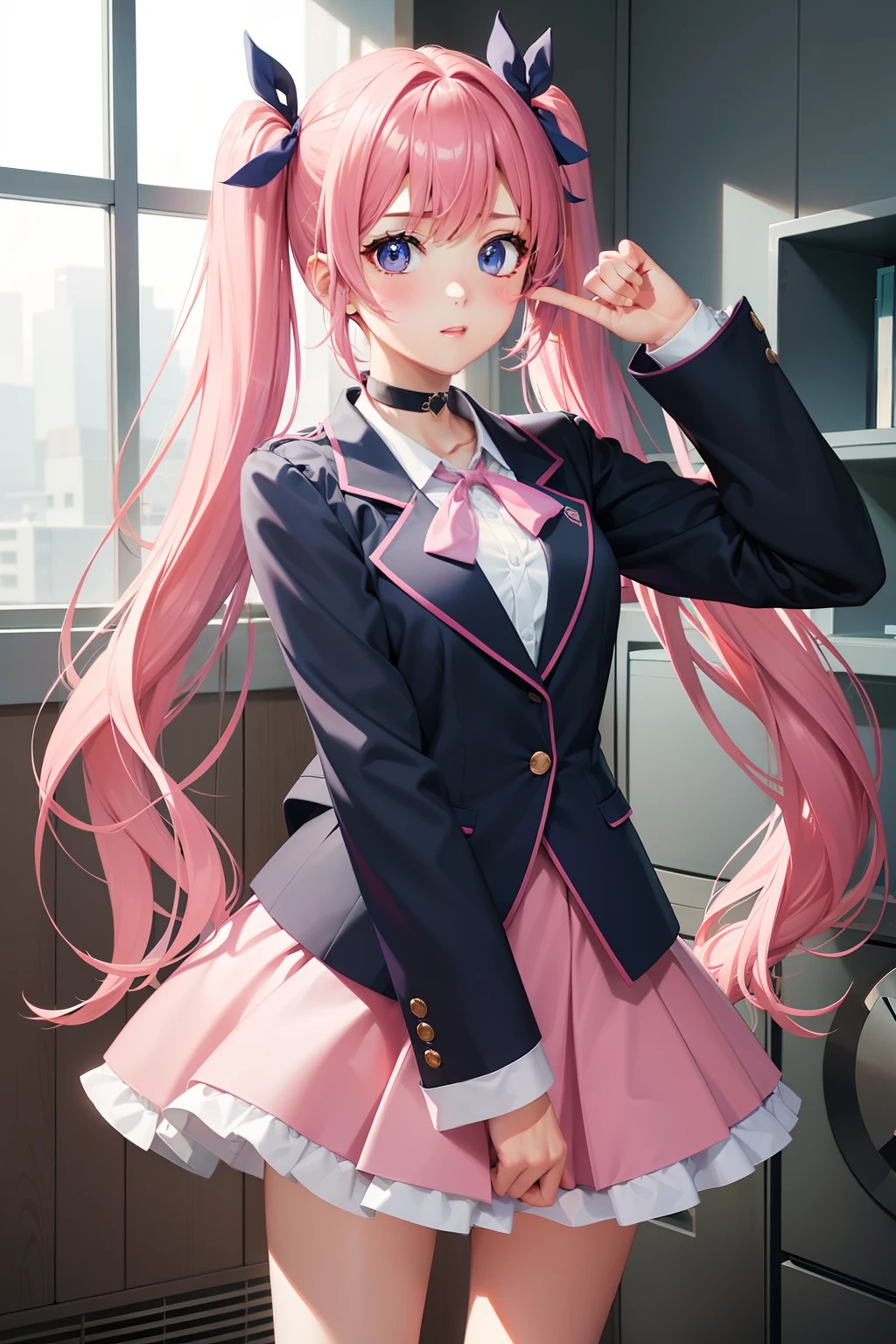 High school girl with beautiful eyes、High School Uniform、Dark blue blazer、Pink skirt、Pink ribbon、Heart-shaped choker、long hair with pink twin tails,,、Schools、独奏、gazing at viewer、rainbows、optic、。.。.。.3D、hight resolution、top-quality、full body Esbian、8K Character Concept、32K、pixiv、illustratio、 ultra-detailliert、hyperdetailed face、Megapixel、 Ultra High Definition HDR、Clair、Overdecoration、● S180 - Rainbow 5