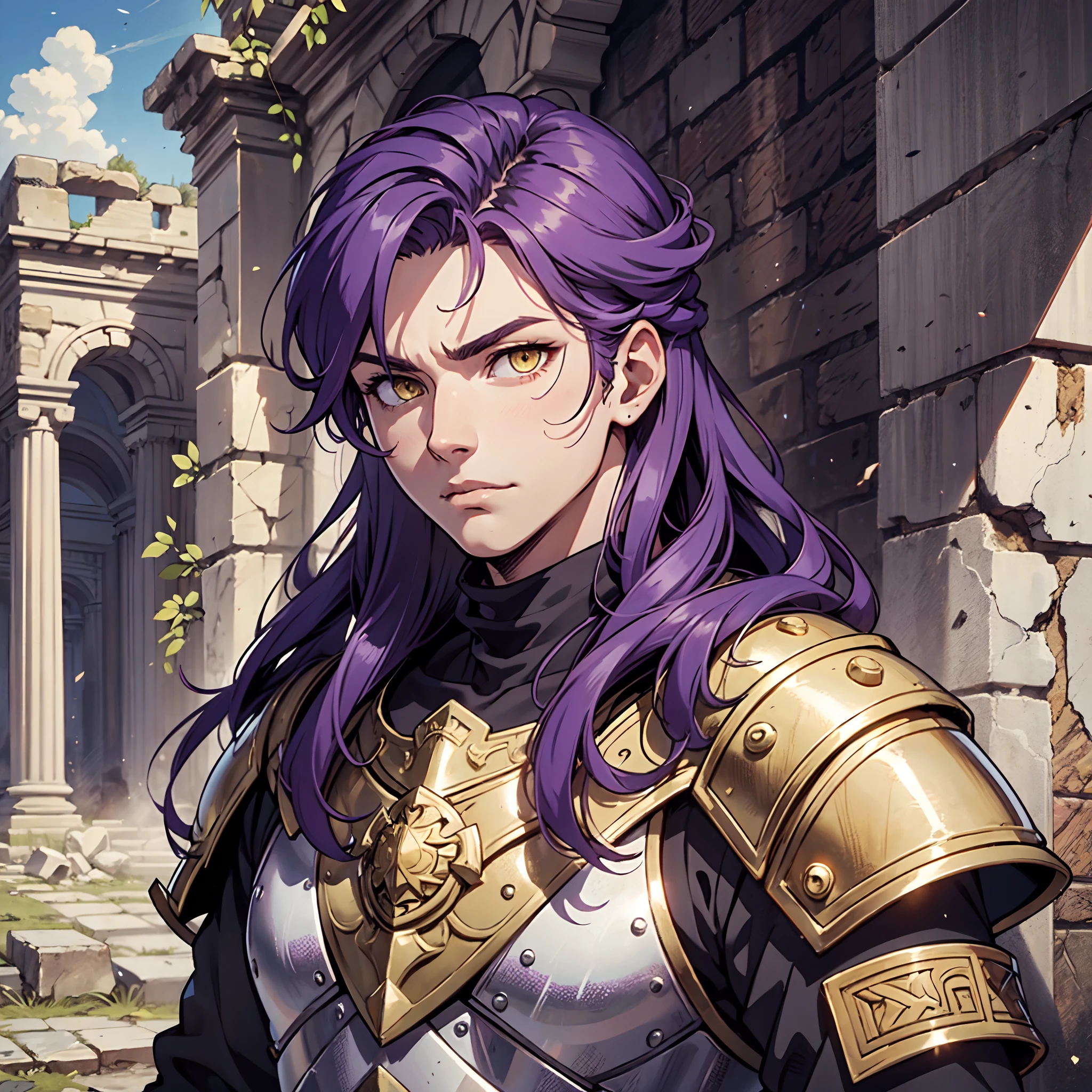 Ultra High Definition,
Ultra High Quality,
Hyper Definition,
Hyper Quality,
Hyper Detailed,
Extremely Detailed,
Perfectly Detailed,
8k,
1 Boy,
Long Purple Hair,
Under Cut Hairstyle,
Solid Yellow Eyes,
Handsome,
Armored With Roman Emperor Armor,
Ancient Roman Empire Ruins Background,