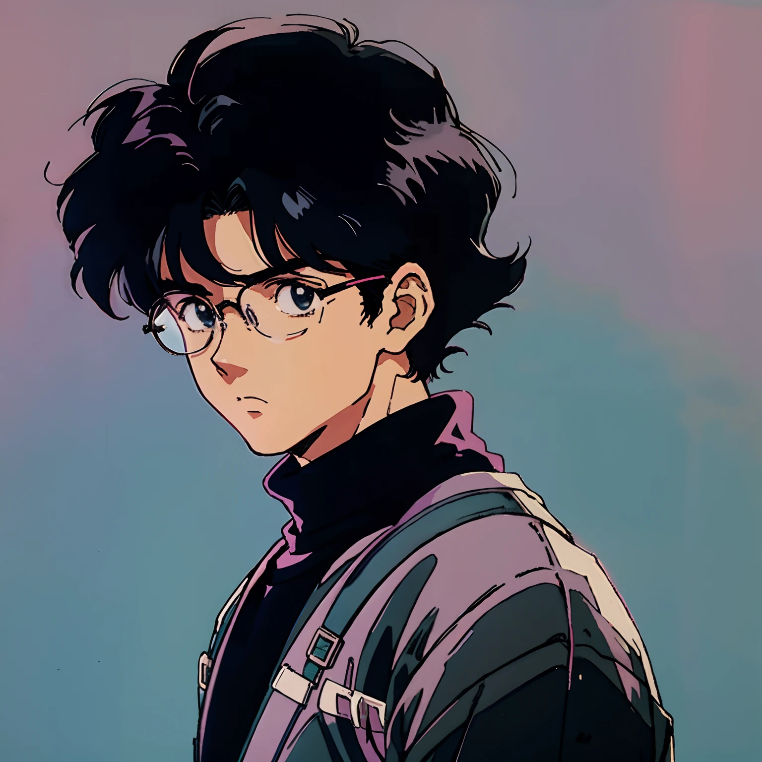 muted pastel colors，Soft picture，Retro anime, 1990s anime, 1980s anime, Retro anime，Retro anime style，Masterpiece, Best quality, 1boy, 独奏, Black eyes, Long black hair，Bob cut，Medium hair, Large round frame glasses，Black sweater，Closed mouth，Simple background