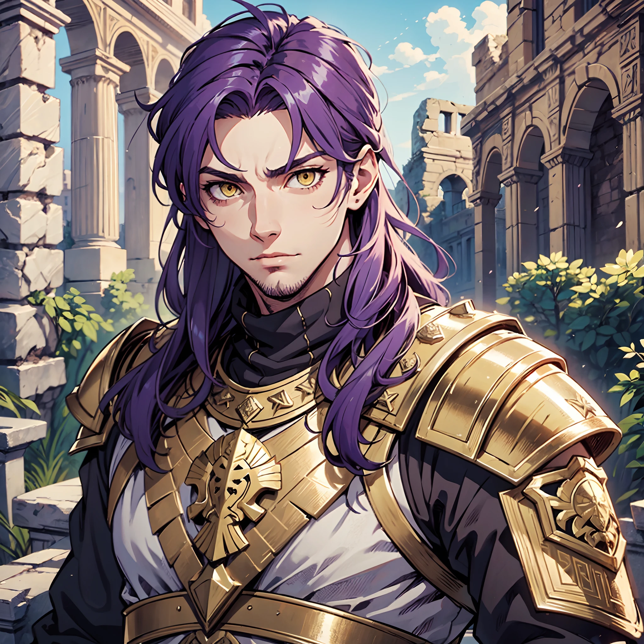 Ultra High Definition,
Ultra High Quality,
Hyper Definition,
Hyper Quality,
Hyper Detailed,
Extremely Detailed,
Perfectly Detailed,
8k,
1 Boy,
Long Purple Hair,
Under Cut Hairstyle,
Solid Yellow Eyes,
Handsome,
Armored With Roman Emperor Armor,
Ancient Roman Empire Ruins Background,