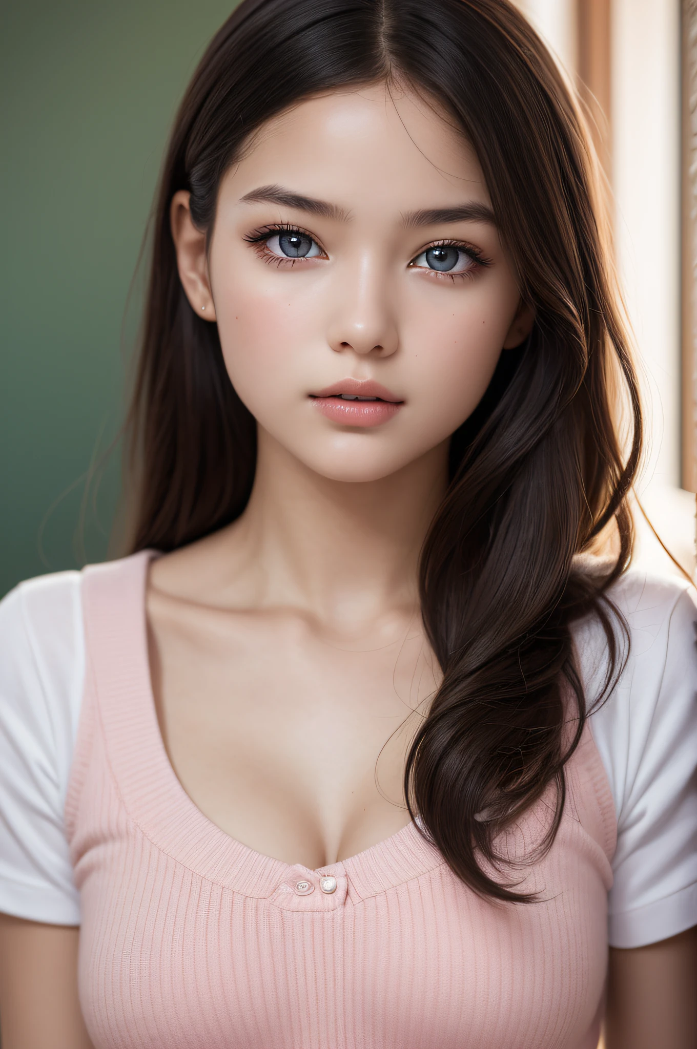 ((1girl in)), ((Best Quality)), (Ultra-detailed), (extremely detailed CG unified 8k wallpaper), Highly detailed, High-definition raw color photos, Professional Photography, Brown hair, Amazing face and eyes, Pink eyes, (amazingly beautiful girl), School, classroom,