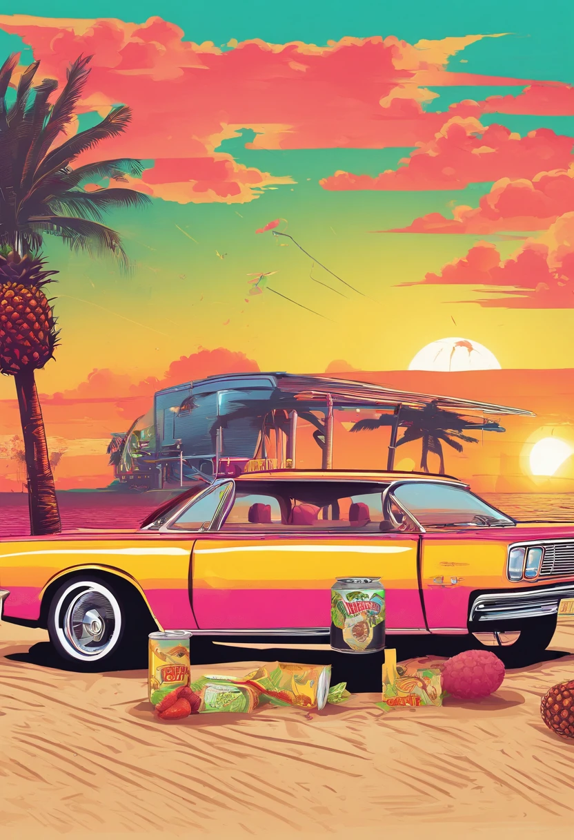 Sunset Beach,Vintage cars,Pineapple beer,MagazineCover,retro poster