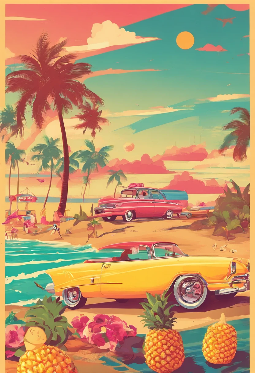 Sunset Beach,Vintage cars,Pineapple beer,MagazineCover,retro poster