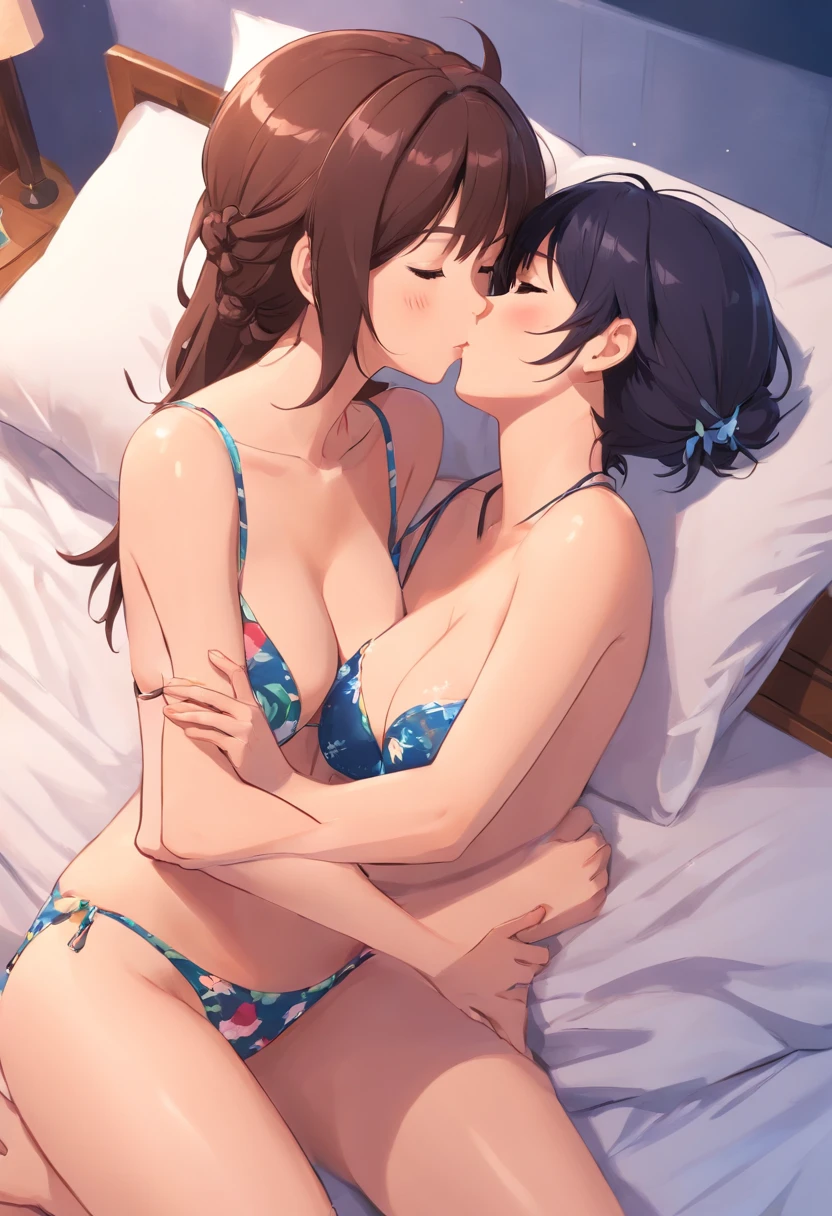ung Mom with big boobs in a bekini on a bed, kissing a boy, UHD, masterpiece, ccurate, anatomically correct, high quality, high details, super detail, textured skin, best quality, highres, 8k