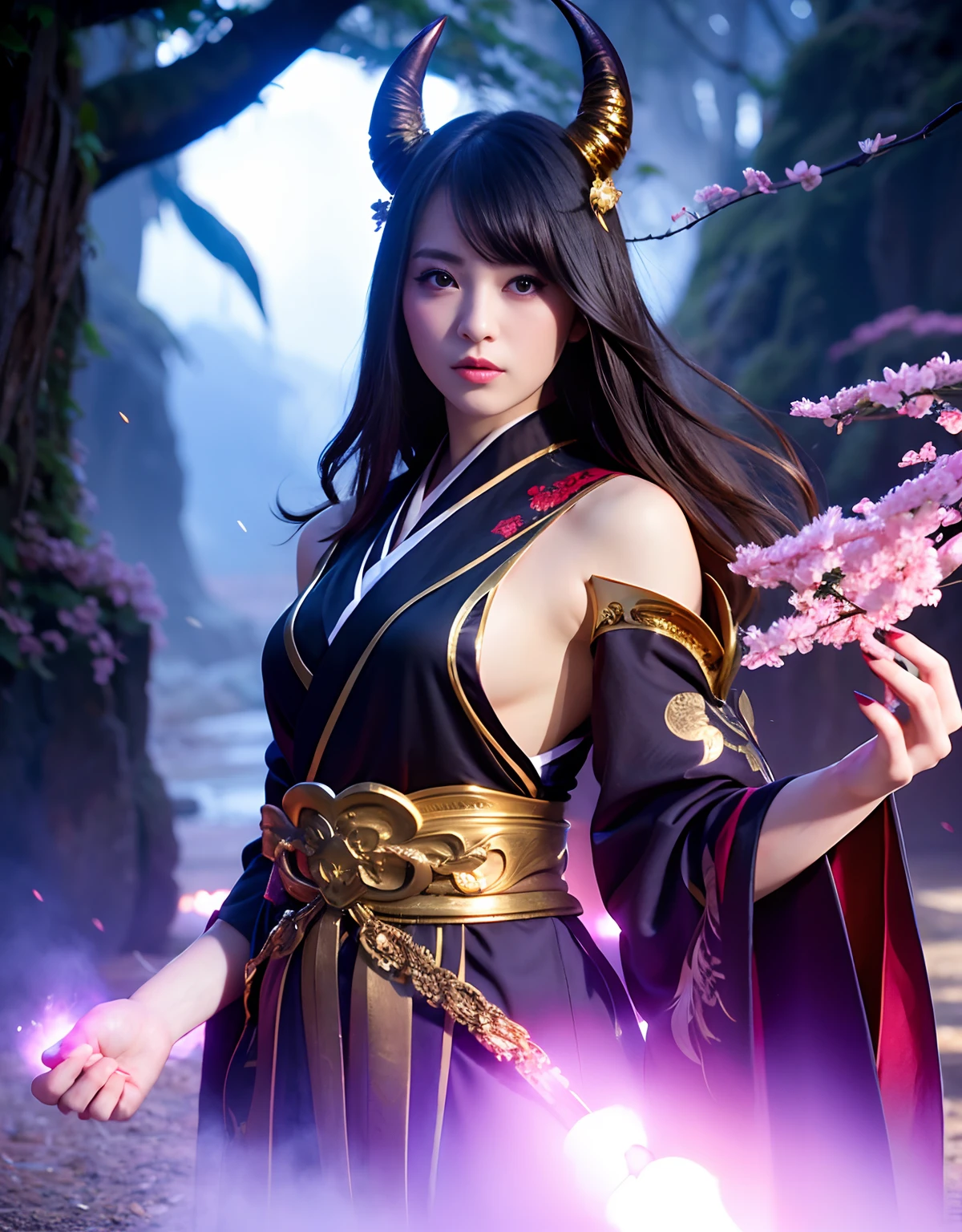 ((World of Darkness)),Professional , ​masterpiece、top-quality、photos realistic , depth of fields 、（sexypose）、(Background of cherry blossoms in full bloom),（Ultimate Beauty）、A dark-haired、（)、（Kimono with beautiful pattern）、（Night background）、（（a dark night））,(Wear a beautiful kimono),（Wear a beautiful kimono with colorful floral patterns）、Jewel Gold Weapon、Particles of light),（Has a devil's mask）、Gorgeous gold weapons ,（（ Gorgeous Dragon Sword）） , （a dark night）,,（maikurobikini） 、（（Black Haired Beautiful Girl））、（Castle background）、（demonic wings）、（（Gangle's forest background））、Beautiful Caucasian beauty、１a person、dynamic ungle,(((Two devil's horns on the head)))、Smaller head、Idle Smile、Thin and beautiful female hands、Mystical expression、Light Effects、intense fighting、Wind-effect、magic circles、With the legendary magic wand、Dragon's tail、