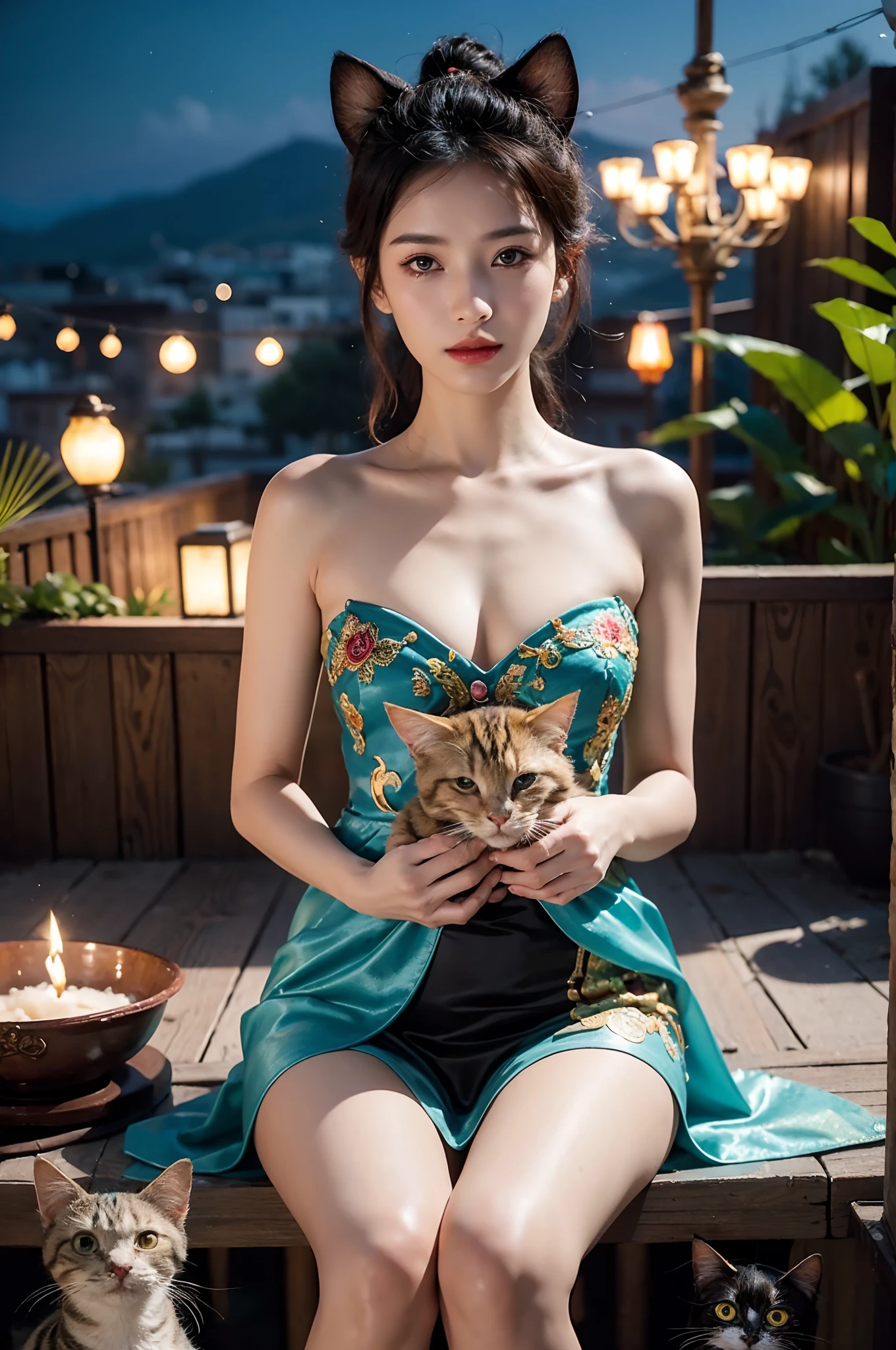 Cartoon, Disney style,(Alebrijes Art Style), oil painted, Intricate, Two adult cats,Two kittens, on a rooftop, Portraits can be displayed, kindness, Beauty, softness, Big beautiful eyes, voluminetric lighting, Beautiful, rich deep color, Masterpiece, Sharp focus, Ultra detailed, astrophotography,Ray tracing,,Elegant Pose,xxmix girl woman,(Urzang-6500-V1.3,PureFace_V1,rendering by octane)