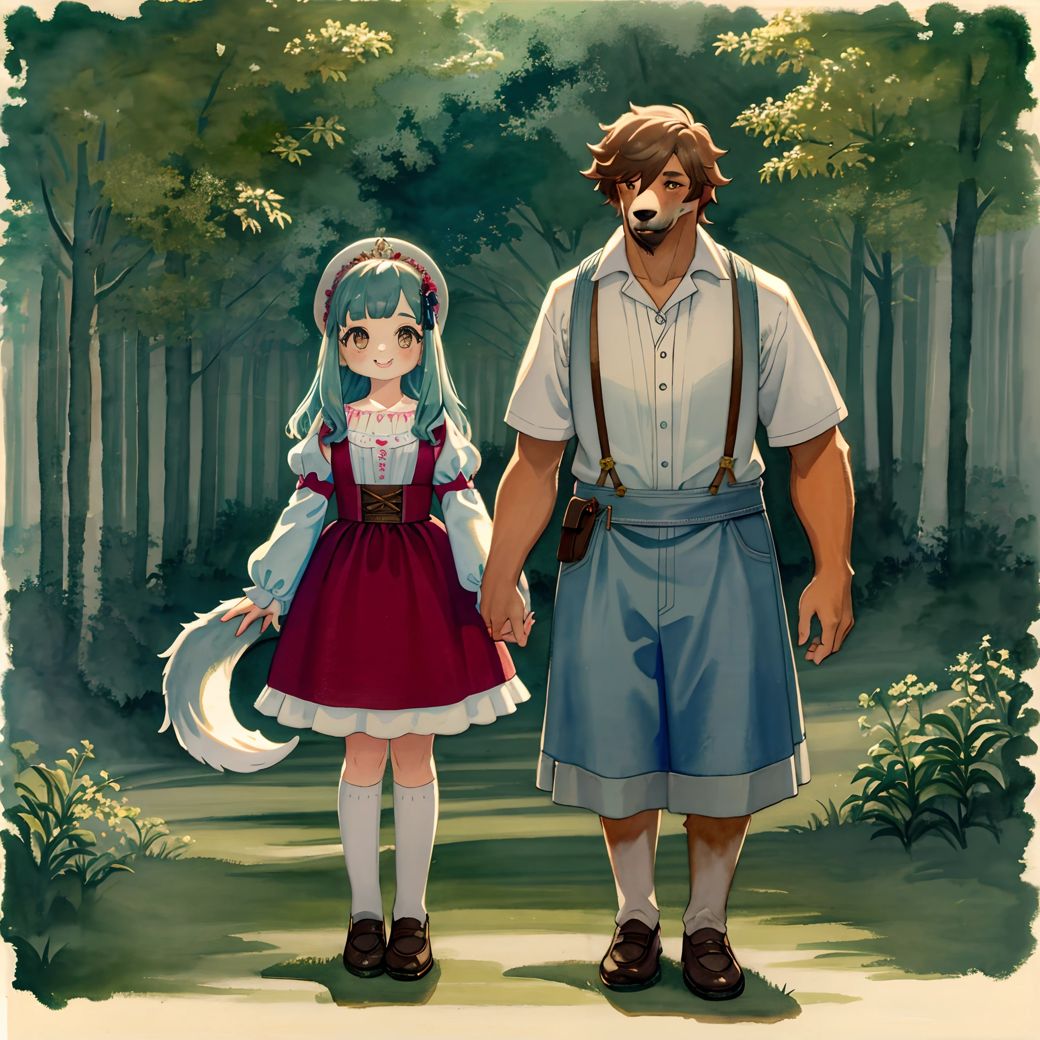 watercolor, soft color, Vintage images, highres, unparalleled masterpiece, absurdres, love story of human girl and giant Werewolf, love romance, The princess and the prince, family photograph, pair, Height difference, Physical difference, perfect anatomy, smile, joyful, play with, smile, happy, watercolor,