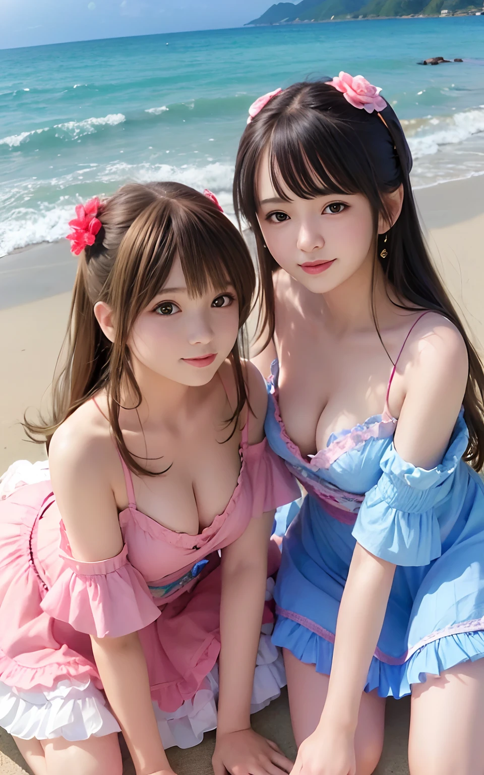 (2 girls of the same age:1.2) , couple focus, Adorable, 14years, Upper body, japanaese girl, cheek-to-cheek, Beach,Leaning forward,Standing,High color saturation,      Ruffled Summer Dresses,  (Smile), hair scrunchie, Low contrast, Best Quality, 超A high resolution, photographrealistic, ultra-detailliert, 8K, Raw photo, (downbrouse:1.0)、Rubbing your chest