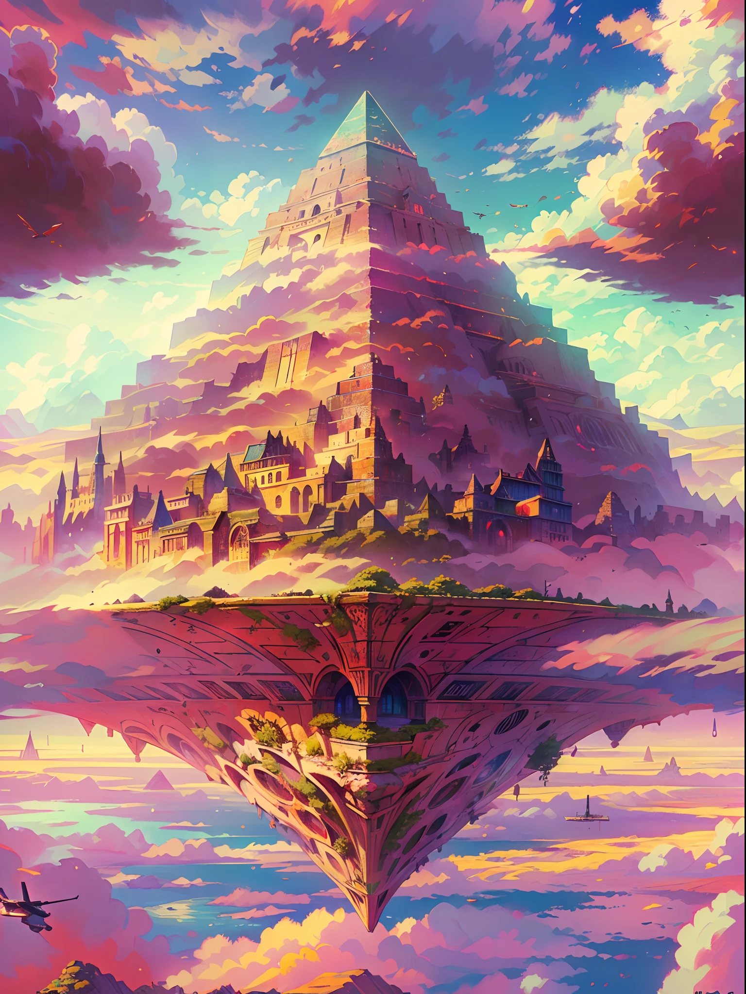 (best quality,4k,8k,highres,masterpiece:1.2),ultra-detailed,(realistic,photorealistic,photo-realistic:1.37),vibrant colors,intricate details,dreamy atmosphere,mystical lighting,ethereal beauty,floating desert island,giant pyramid,(flying desert island above the cloud)