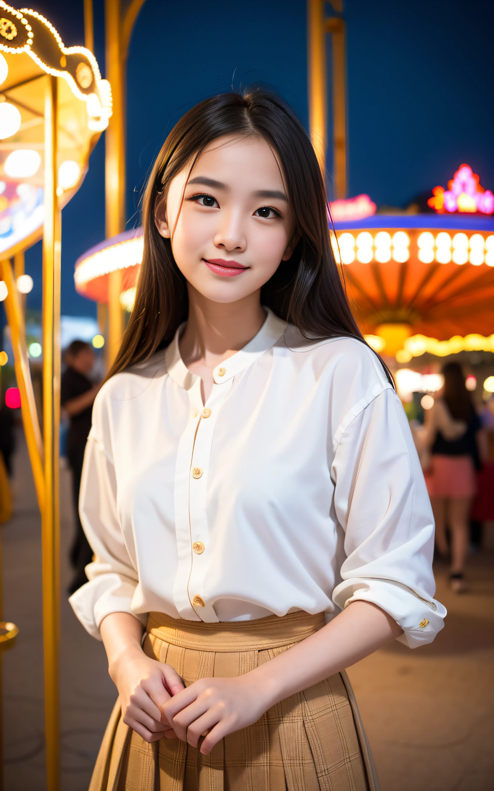 masterpiece, Best Quality, 8K, 1girl, good hand, 14 yo, lively, active, life force, luminescence, Looking away, Raw photo, F/1.8, 135 mm, NIKON, Anatomically correct, bokeh,Textured skin, Professional Photography, Portrait, Soft light, Professional Lighting, Solo, (Smile), Cute, Girly, Film grain, (Eyes and faces with detailed:1.0), 8k wallpaper, Silk Blouse, skirt, merry-go-round, amusement park