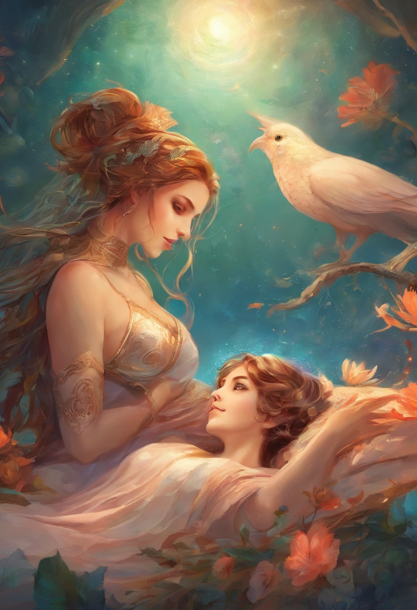 ung Mom with big boobs in a bekini on a bed, kissing a boy, UHD, masterpiece, ccurate, anatomically correct, high quality, high details, super detail, textured skin, best quality, highres, 8k