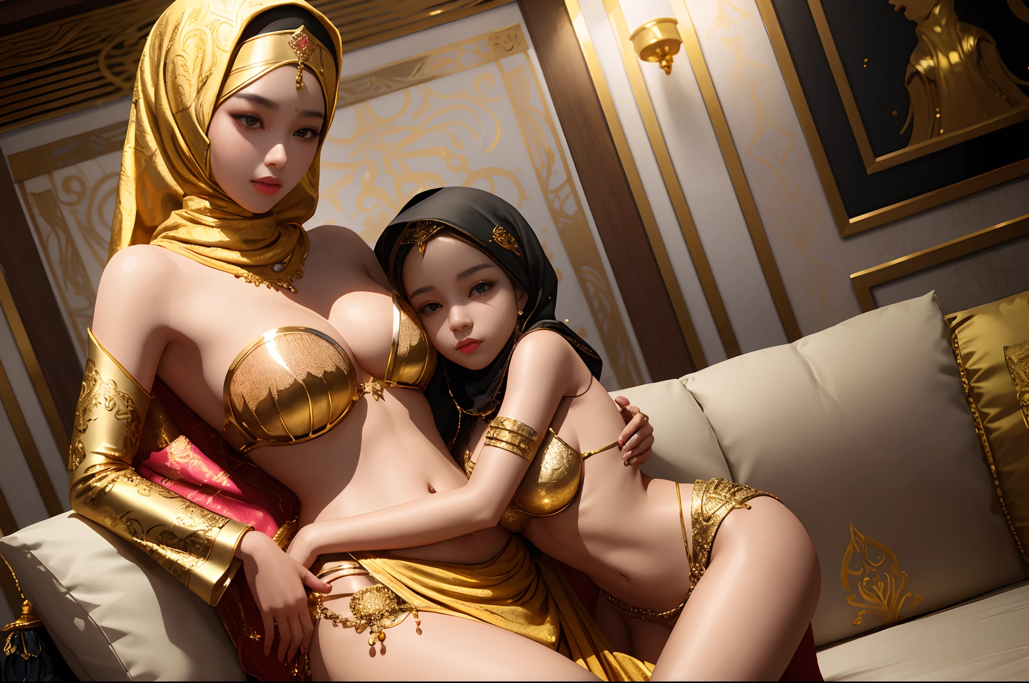 there are two women in a gold outfit posing for a picture, 8k high quality detailed art, harem, wlop and sakimichan, artwork in the style of guweiz, arabian princess, arabian beauty, 8 k sensual lighting, epic 3 d oshun, trending on cgstation, middle eastern skin, smooth 3d cg render, hijab