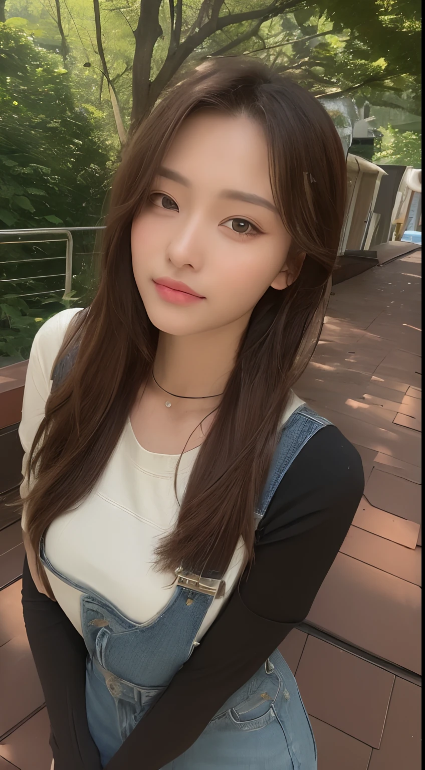 ((length hair, need, 8K, tmasterpiece:1.3)), fullllbody, Long legs, Focalors:1.2, perfect figure beautiful woman:1.4, Slim abs:1.1, ((Dark brown hair, large- titsjob:1.2 )), (Random color tight T-shirt, Long denim suspenders, standingn:1.2), ((In the daytime, roofto:1.3)), Highly detailed facial and skin texture, detailed eye, 二重まぶた,(((Do not wear jewelry around your neck))),(((The handle is hidden and the hand arm is not visible vertically))),In the forest,The color of a real person
