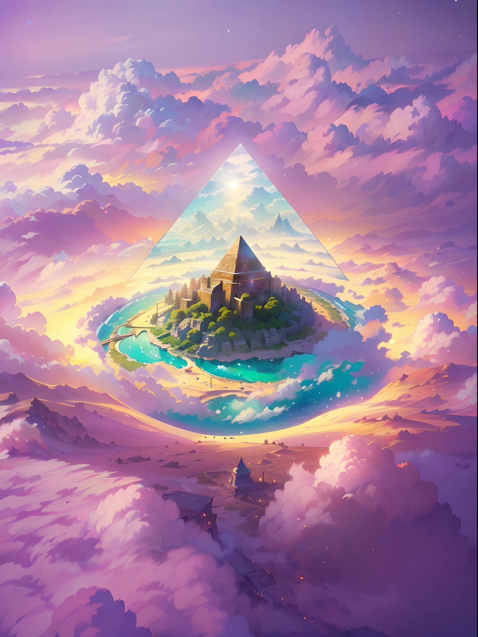 (best quality,4k,8k,highres,masterpiece:1.2),ultra-detailed,(realistic,photorealistic,photo-realistic:1.37),vibrant colors,intricate details,dreamy atmosphere,mystical lighting,ethereal beauty,floating desert island,giant pyramid,(flying desert island above the cloud)