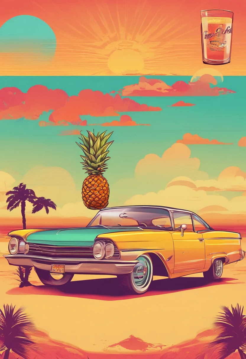 Sunset Beach,Vintage cars,Pineapple beer,MagazineCover,retro poster,West Coast of the United States