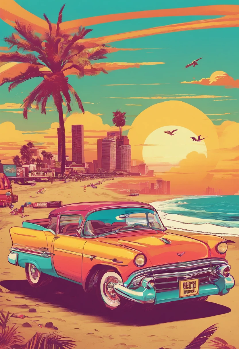 Sunset Beach,Vintage cars,Pineapple beer,MagazineCover,retro poster,West Coast of the United States
