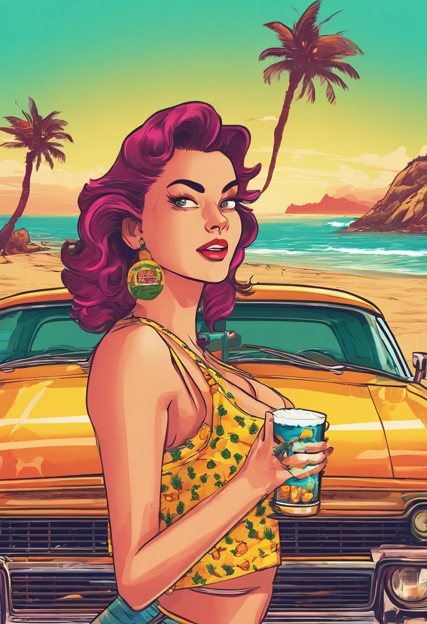 Sunset Beach,Vintage cars,Pineapple beer,MagazineCover,retro poster,West Coast of the United States
