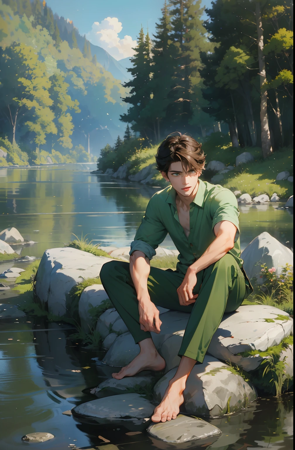 (3D:0.5,realistic:0.5,photorealistic:0.5),(absurdres,Super-resolution,masterpiece,best quality,finely detailed,absurdres:1.2), dramatic light, dramatic illumination, cinematic, anime scenery, makoto shinkai, ghibli, fantasy world, magical, (((1boy))), young male, short cut hair,(((middle part hairstyle))), (((brown hair color))) irish male, nature, plants, leaves, green, (((full body picture))), Smile softly, look at the camera, (((green eyes)), (((forest) )) (((wearing green shirt)), (((singing with guitar))) (((Berefoot))) (((no shoe))) (((enjoying nature))) (((half cut pants))) (((sitting on a stone near a river))) (((clear handsome face)))
