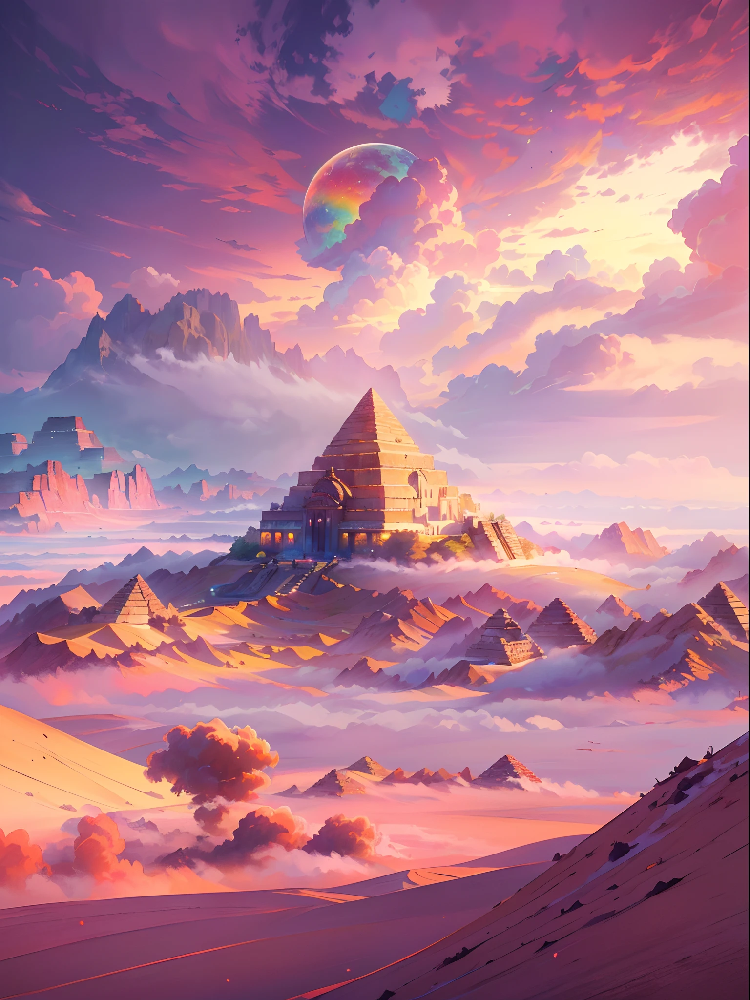 (best quality,4k,8k,highres,masterpiece:1.2),ultra-detailed,(realistic,photorealistic,photo-realistic:1.37),vibrant colors,intricate details,dreamy atmosphere,mystical lighting,ethereal beauty,floating desert island,giant pyramid,(flying desert island above the cloud)