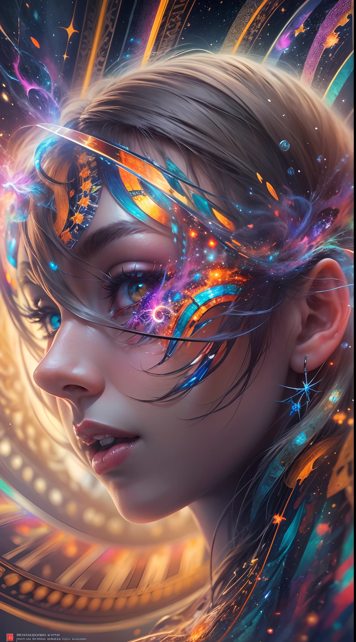 (Masterpiece, Top quality, Best quality, offcial art, Beauty and aesthetics: 1.2), (1 girl), Extreme detail, (Fractal art: 1.3), extremely colorful, suprem details, Perfect face, sportrait, hdr, starrysky, meteors, Light stripes, surrealism.