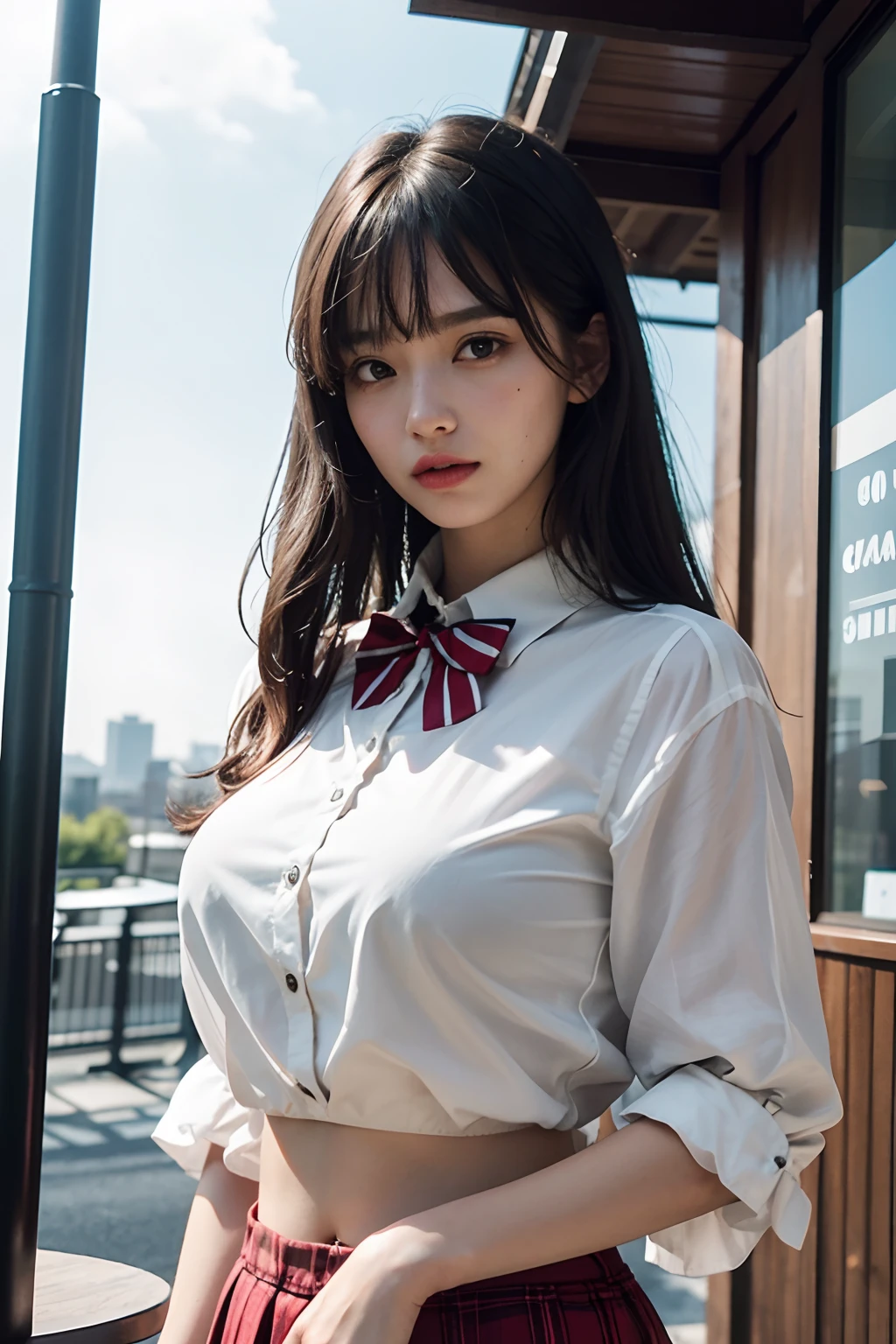 (Raw photography、beste Quality)、(Realstic、photorealestic:1.2)、Close-up portrait photography、a 1 girl、Rooftop café in a shopping mall、out door、Cool face、(high-detail skin:1.4)、Gorgeous hair、Air bangs、Brown black hair、White sheer shirt and bow tie、bright red pleated skirt、Soft lighting、hig quality、((massive underboob))