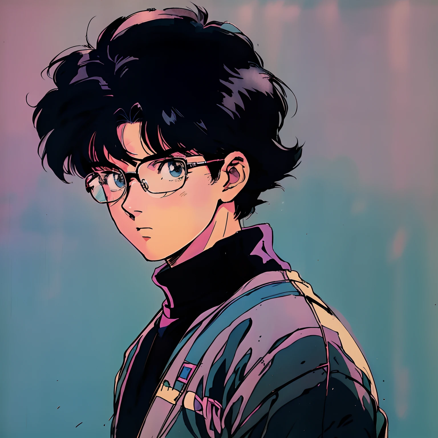 muted pastel colors,Soft picture,Retro anime, 1990s anime, 1980s anime, Retro anime,Retro anime style,Masterpiece, Best quality, 1boy, 独奏, Black eyes, Long black hair,Bob cut,Medium hair, Large round frame glasses,Black sweater,Closed mouth,Simple background
