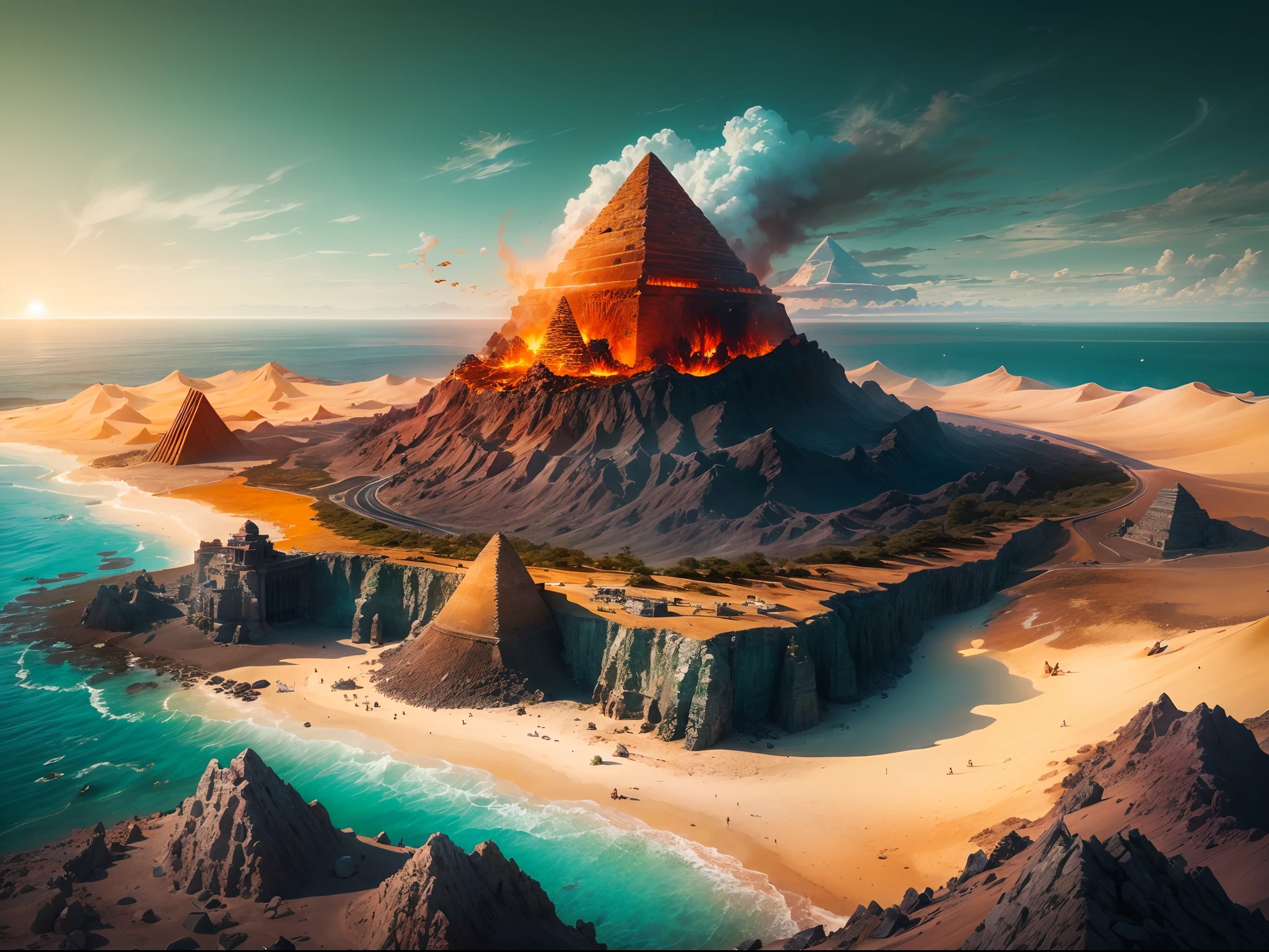(best quality,4k,highres,masterpiece:1.2),ultra-detailed,(realistic,photorealistic:1.37),island floating on sea of lava,aerial view,desert island,pyramid,scorching heat,sand dunes,sun glaring,blue sky,colorful sunset,volcanic eruptions,hot magma,smoke rising,distant mountains,isolated,peaceful,serene,captivating,adventure,exploration,dangerous journey,crystal clear water,coral reefs,vibrant marine life,majestic palm trees,golden beaches,hidden caves,ancient ruins,mystery,history,treasure hunt,magical atmosphere.