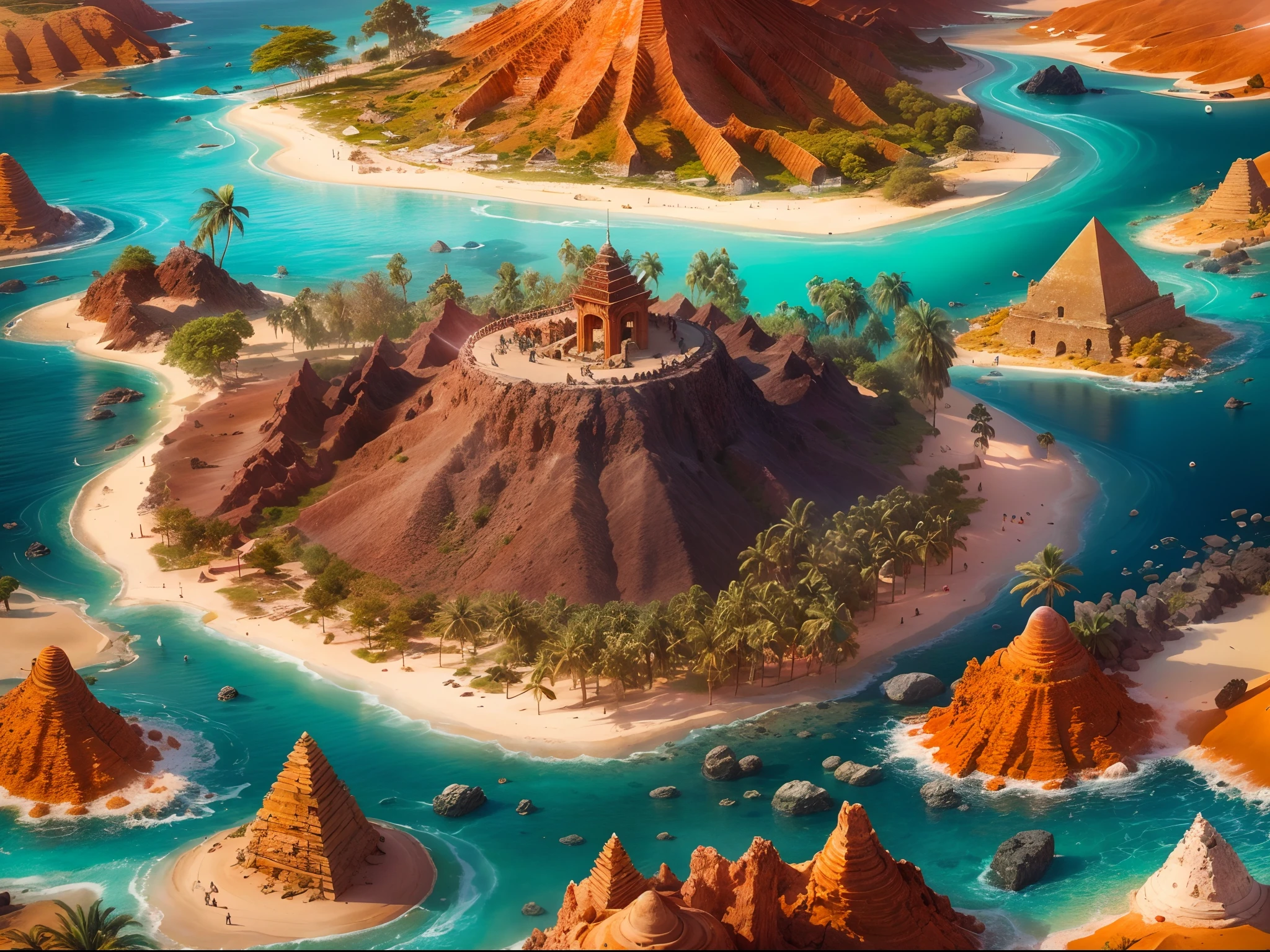 (best quality,4k,highres,masterpiece:1.2),ultra-detailed,(realistic,photorealistic:1.37),island floating on sea of lava,aerial view,desert island,pyramid,scorching heat,sand dunes,sun glaring,blue sky,colorful sunset,volcanic eruptions,hot magma,smoke rising,distant mountains,isolated,peaceful,serene,captivating,adventure,exploration,dangerous journey,crystal clear water,coral reefs,vibrant marine life,majestic palm trees,golden beaches,hidden caves,ancient ruins,mystery,history,treasure hunt,magical atmosphere.