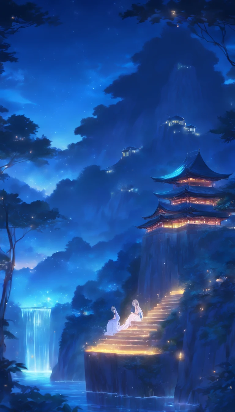 (Masterpiece, Best quality), 1girll(atenea_Asamiya Palace), Cute dress, Long black hair, Sitting, Beautiful outdoor background, Night, forest