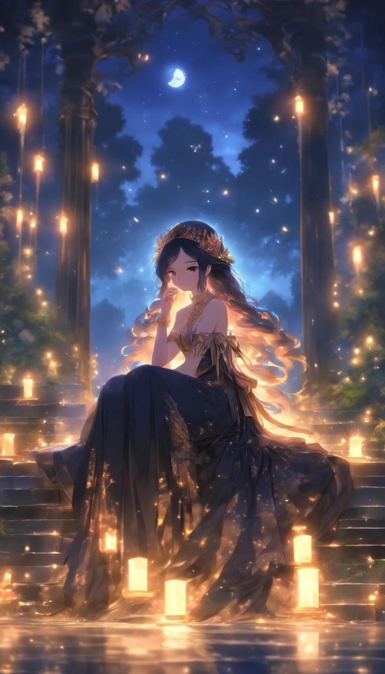 (Masterpiece, Best quality), 1girll(atenea_Asamiya Palace), Cute dress, Long black hair, Sitting, Beautiful outdoor background, Night, forest
