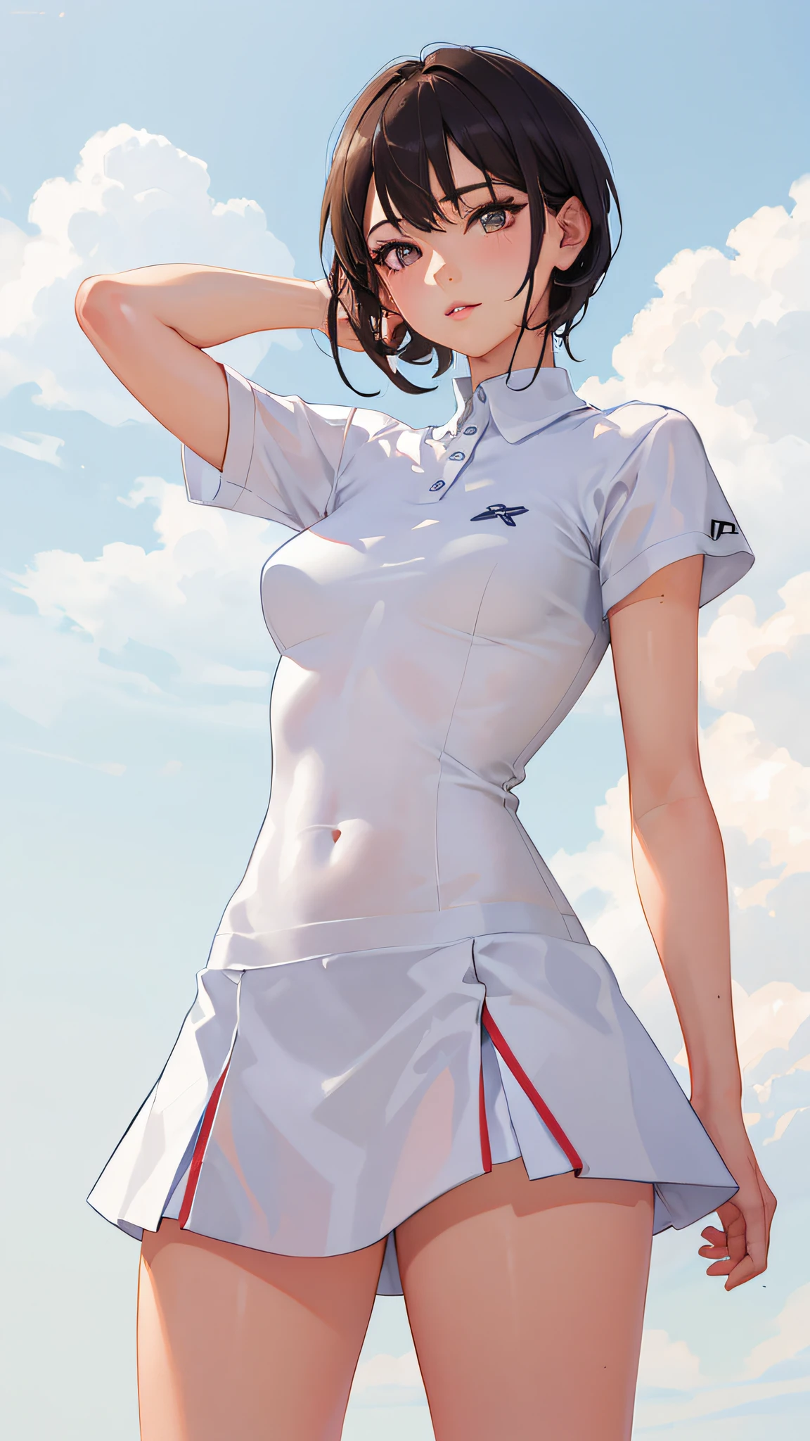 1girl huge large breasts, 独奏, White polo shirt, White sneakers, tennis wear, white mini-skirt, masterpaintings, the best quality, pphotorealistic, Ultra-detailded, (shiny skins, perspired:1.4), Preposterous, looking at the spectator, with short black hair, brown-eyed,Slender,Dynamic light and shadow,high resolucion,Sharp focus,depth of view,The eyes are delicate,Sharp pupils,pupil realistic,(massive boobs),(thick-thighs:1.0),plein-air,skies