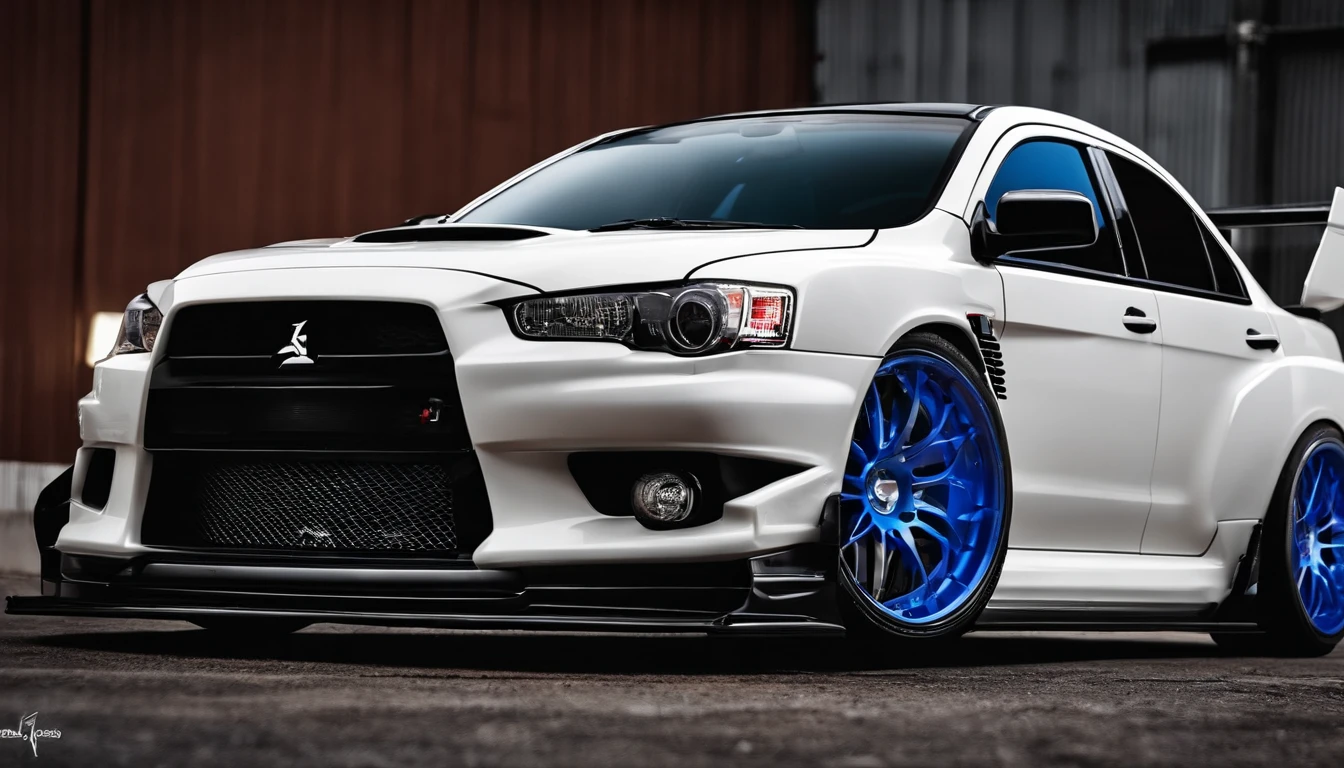 lancer evolution branco com bodykit, turbo e neon azul