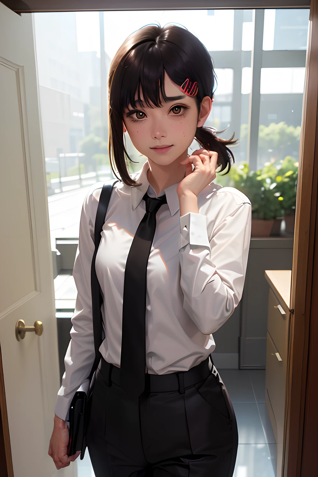 masterpiece, best quality, ultra-detailed, illustration, epic lighting, cinematic composition, isometric, 1girl, solo, cute, brown eyes, black hair, swept bangs, single sidelock, red hairclip, white collared shirt, black necktie, black pants, formal, enchanting gaze, captivating pose, indoors, office, door, opening door, looking at viewer, peeking out upper body, blush, seductive smile, closed mouth,(8k:1.1),