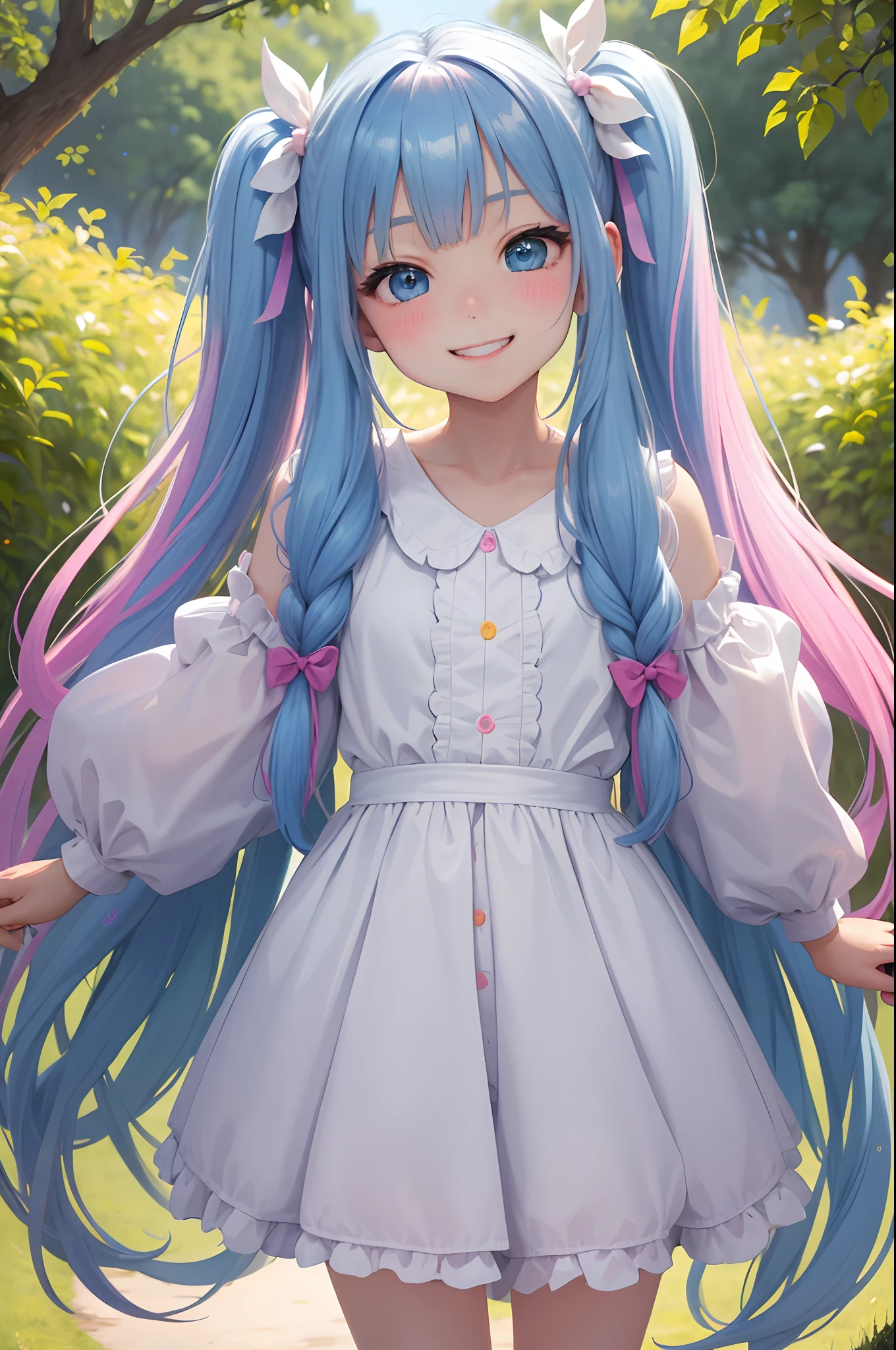 masterpiece:1.2、hightquality、top-quality、hight resolution、detaileds、A hyper-realistic、20Beauty of the same age、long hair with pink twin tails,,,,,、Beautiful blue eyes、tilt of the head、morning glow、Green grass々Shigi々、birdie、rainbows、portlate、Lovely smile、showing teeth、(A detailed face)、((foco nítido))、((faces))、The upper part of the body_Body