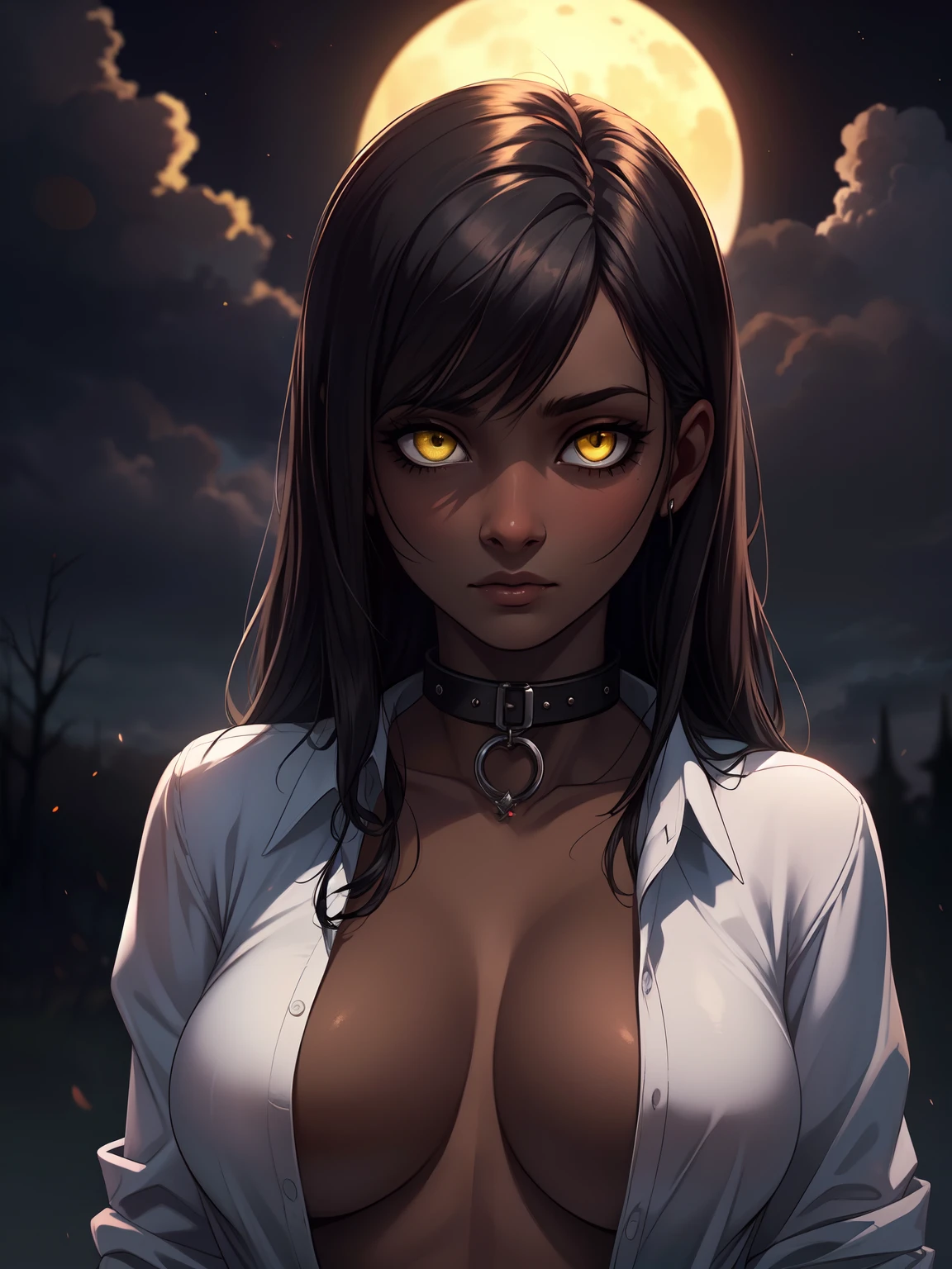 1 girl, (dark skin:1.2), shy, cute, cold expression, (8k, RAW photo, best quality, masterpiece:1.2), (realistic, photorealistic:1.2) (ultra-detailed, Super detailed:1.2), vivid colors, studio lighting, portrait, Yellow coloured eyes, blank eyes, Night clouds background, Aesthetic, romantic, Luna, Vampire, wearing goth collar, black hair, unbuttoned shirt revealing her chest
