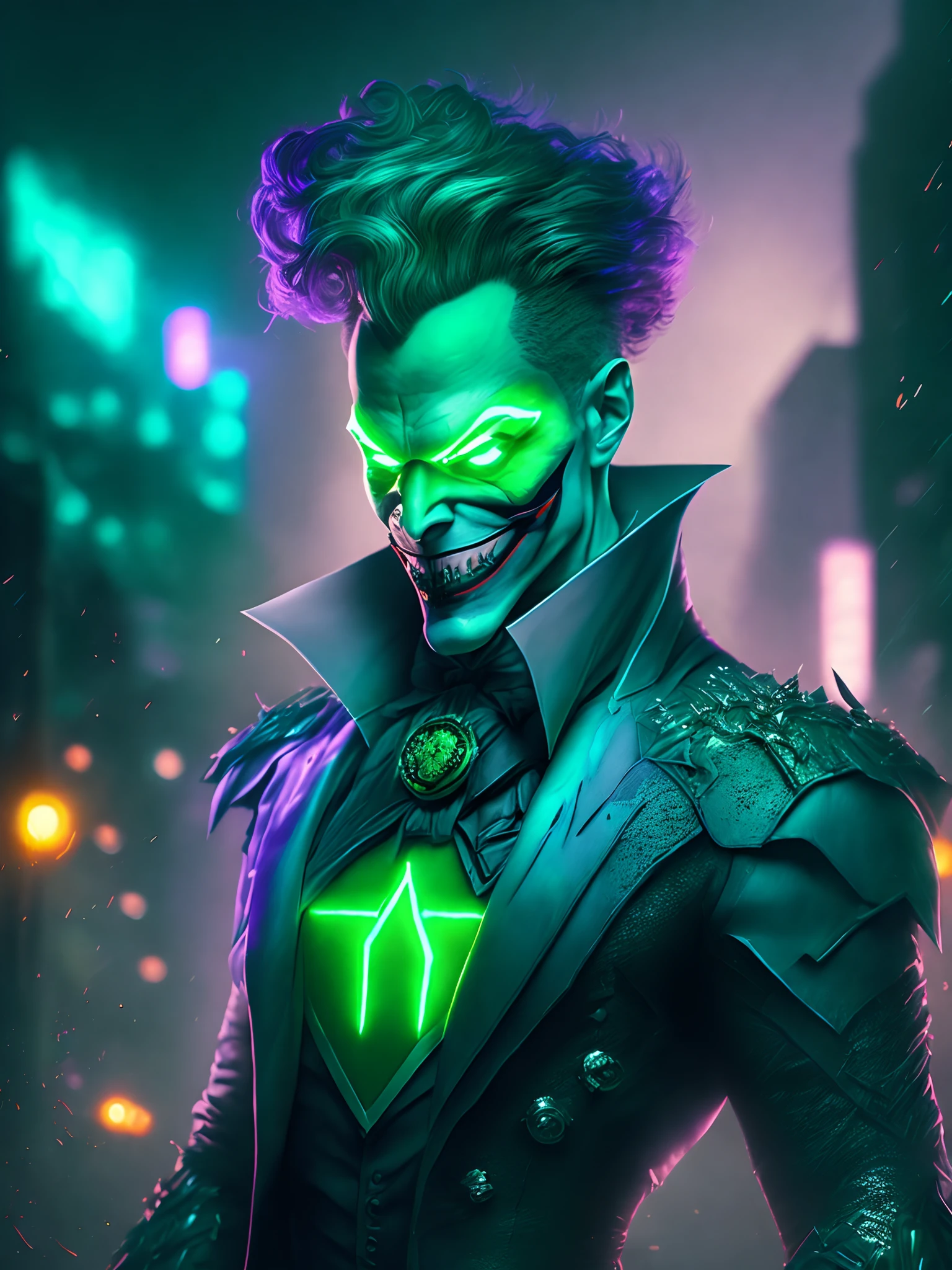 Retrato sombrio do Coringa Lanterna Verde da DC, extremamente detalhado, futuristic cityscape, noite, glowing neon lights, smoke billowing, Sparks, Metal shavings, detritos voadores, efeitos da energia azul, volumetric light