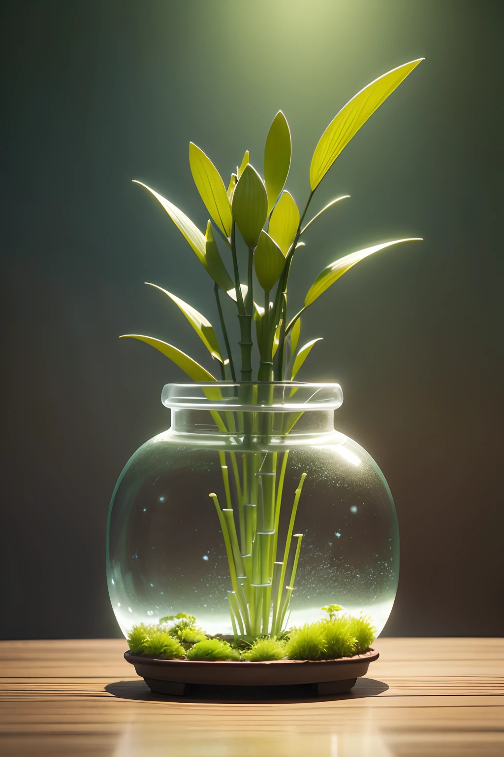 commercial product shot, with light glowing, side-lighting, Wallpapers,Ultra-realistic scenes, Surrounded green experimental test tube bottles, miniature bamboo bonsai with four water bamboo in one jade transparent vase, sky background,outside, open air, simple backgound, water, Sunlight, Low angle view, blender, Product rendering, HD8K, Chinese-style, anime, futuristic