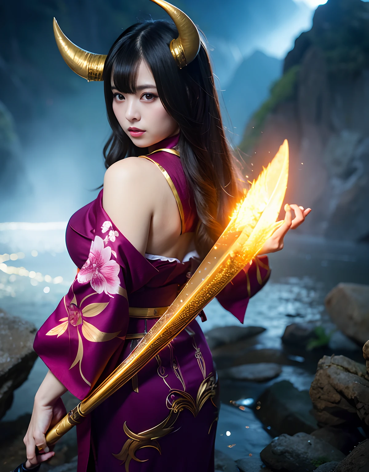 ((World of Darkness)),Professional , ​masterpiece、top-quality、photos realistic , depth of fields 、（sexypose）、Oiran hairstyle、Maiko's hairstyle、(White maple on full bloom background),（Ultimate Beauty）、A dark-haired、（shrine background)、（Kimono with beautiful pattern）、（Night background）、Beautiful hair ornament on the head、（（Precipitous cliffs））,(Wear a beautiful kimono),（Wear a beautiful kimono with colorful floral patterns）、Jewel Gold Weapon、Particles of light),(Wearing a wizard's hat）、Gorgeous gold weapons ,Castle background、（（ Gorgeous Dragon Sword）） , （a dark night）,,（maikurobikini） 、（（Black Haired Beautiful Girl））、（Castle background）、（demonic wings）、（（Gangle's forest background））、Beautiful Caucasian beauty、１a person、dynamic ungle,(((Two devil's horns on the head)))、Smaller head、Idle Smile、Thin and beautiful female hands、Mystical expression、Light Effects、intense fighting、Wind-effect、magic circles、With the legendary magic wand、Dragon's tail、Full Body Angle、