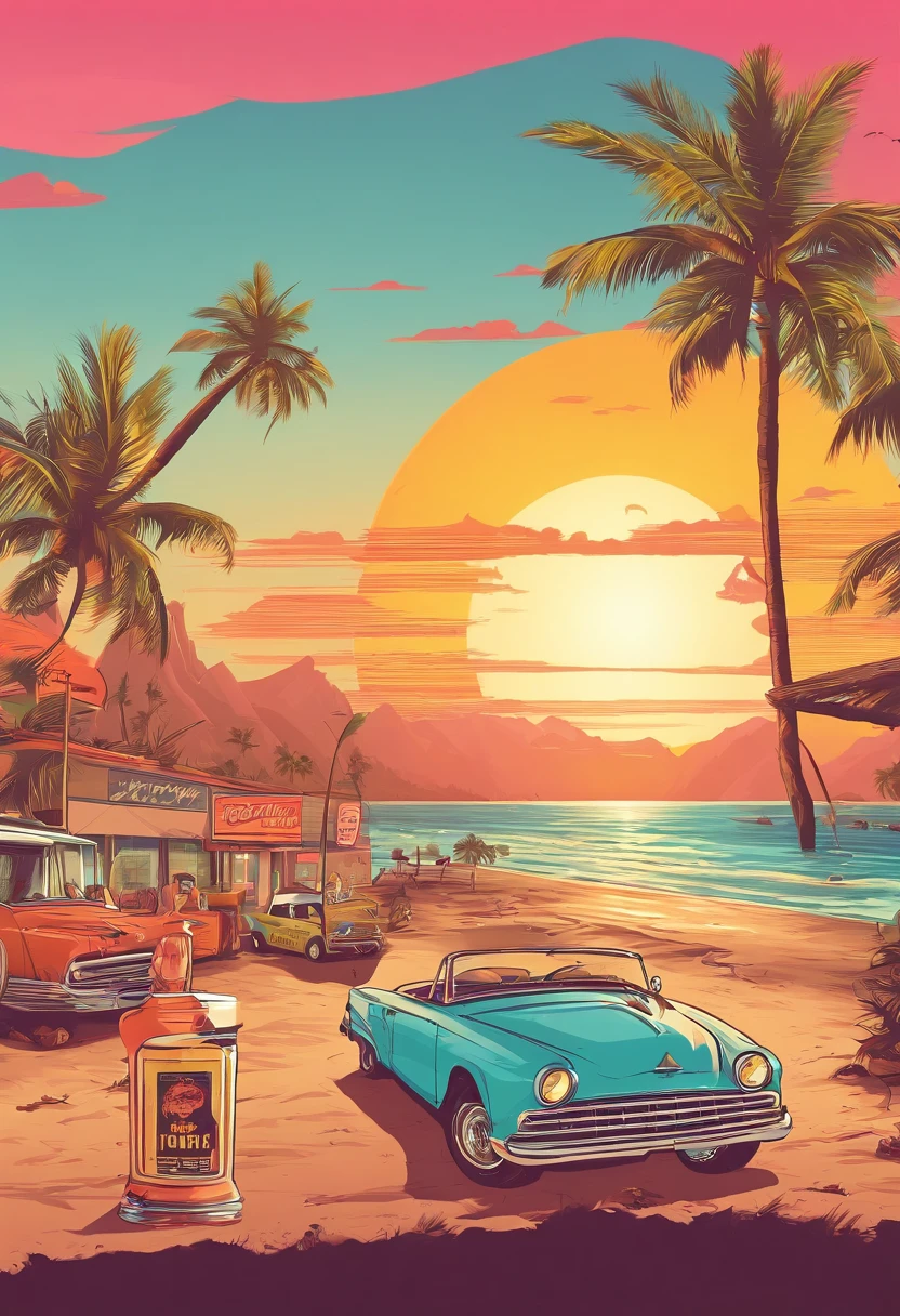 Sunset beach in the background,Vintage cars parked,retro poster,There are retro borders,There is an advertisement for pineapple beer in the picture